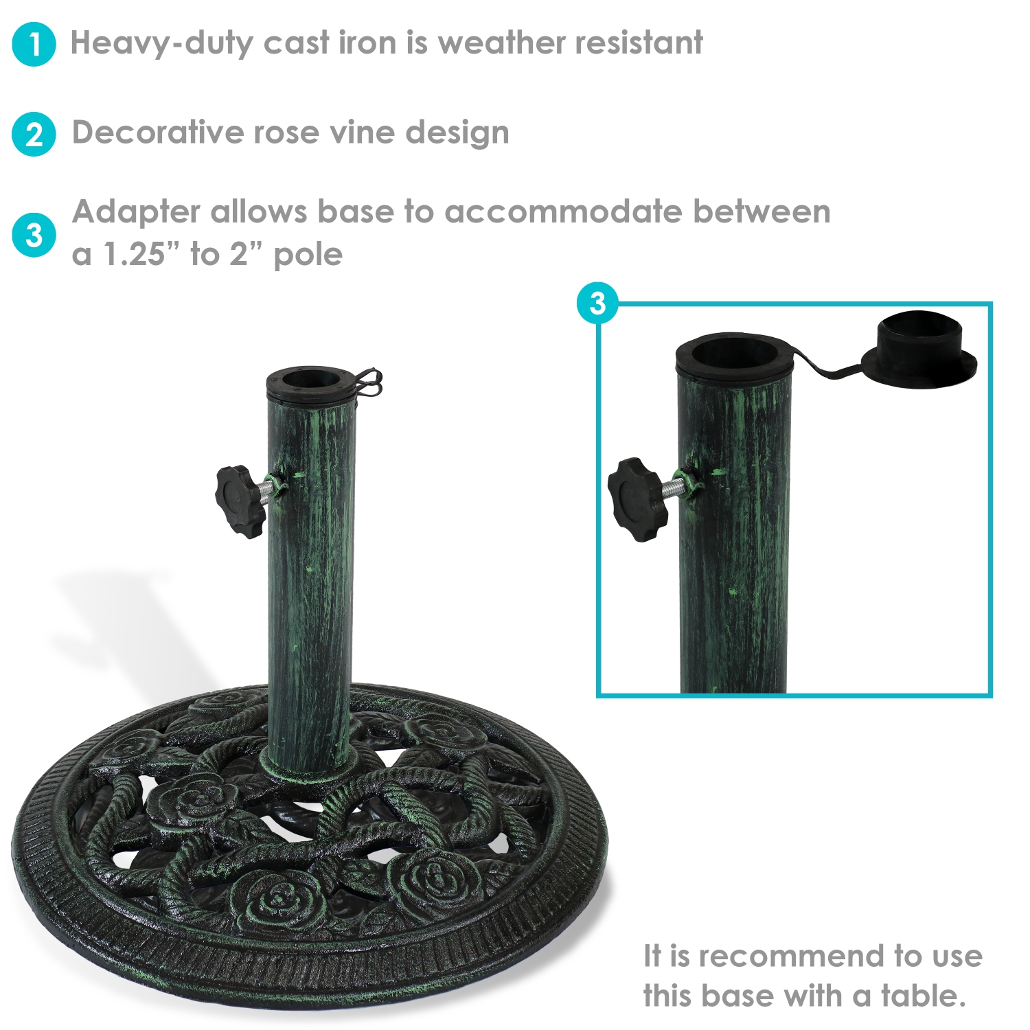 Sunnydaze 16 in Rose Blossom Cast Iron Round Patio Umbrella Base - Green