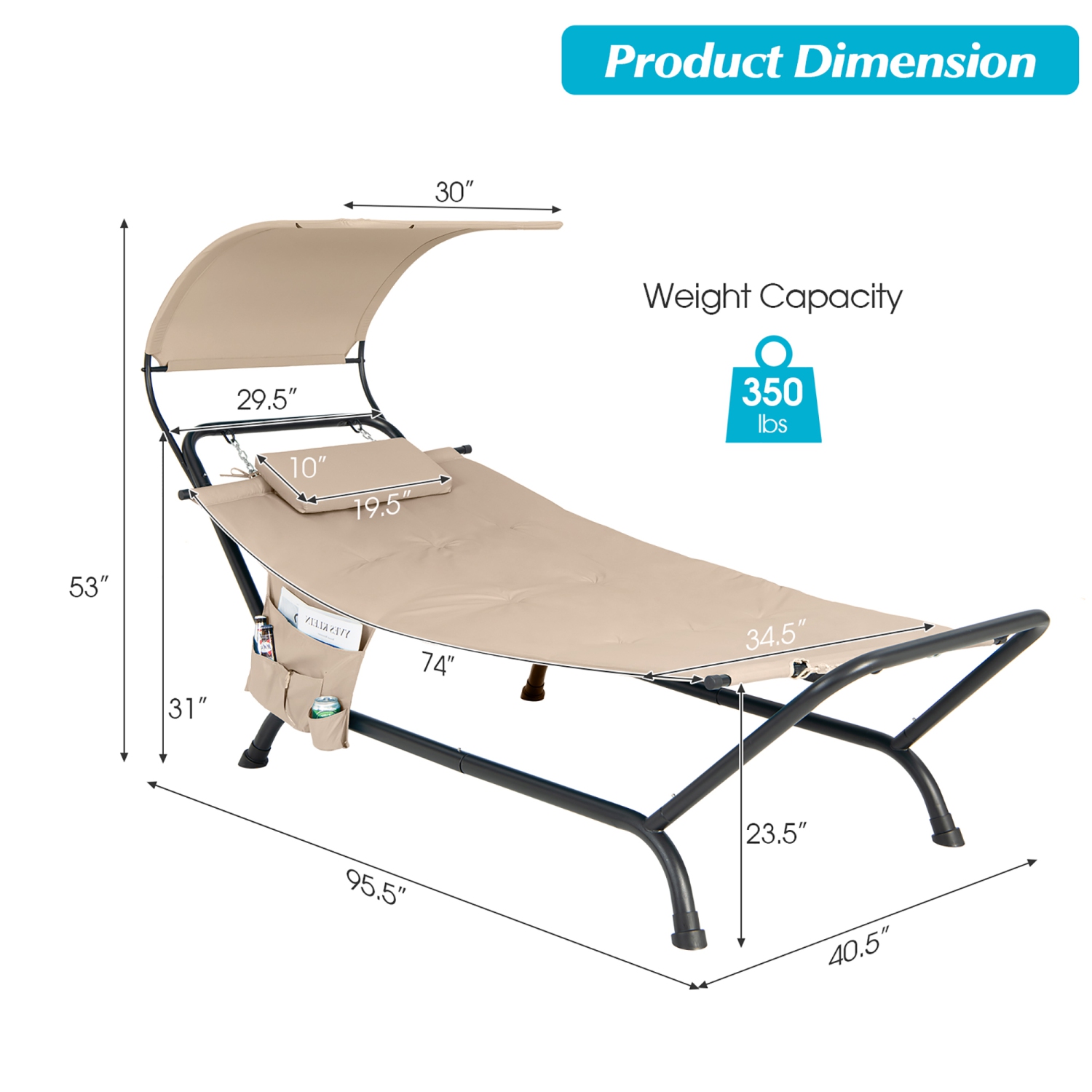 Costway Patio Hanging Chaise Lounge Chair with Canopy, Cushion, Pillow & Storage Bag