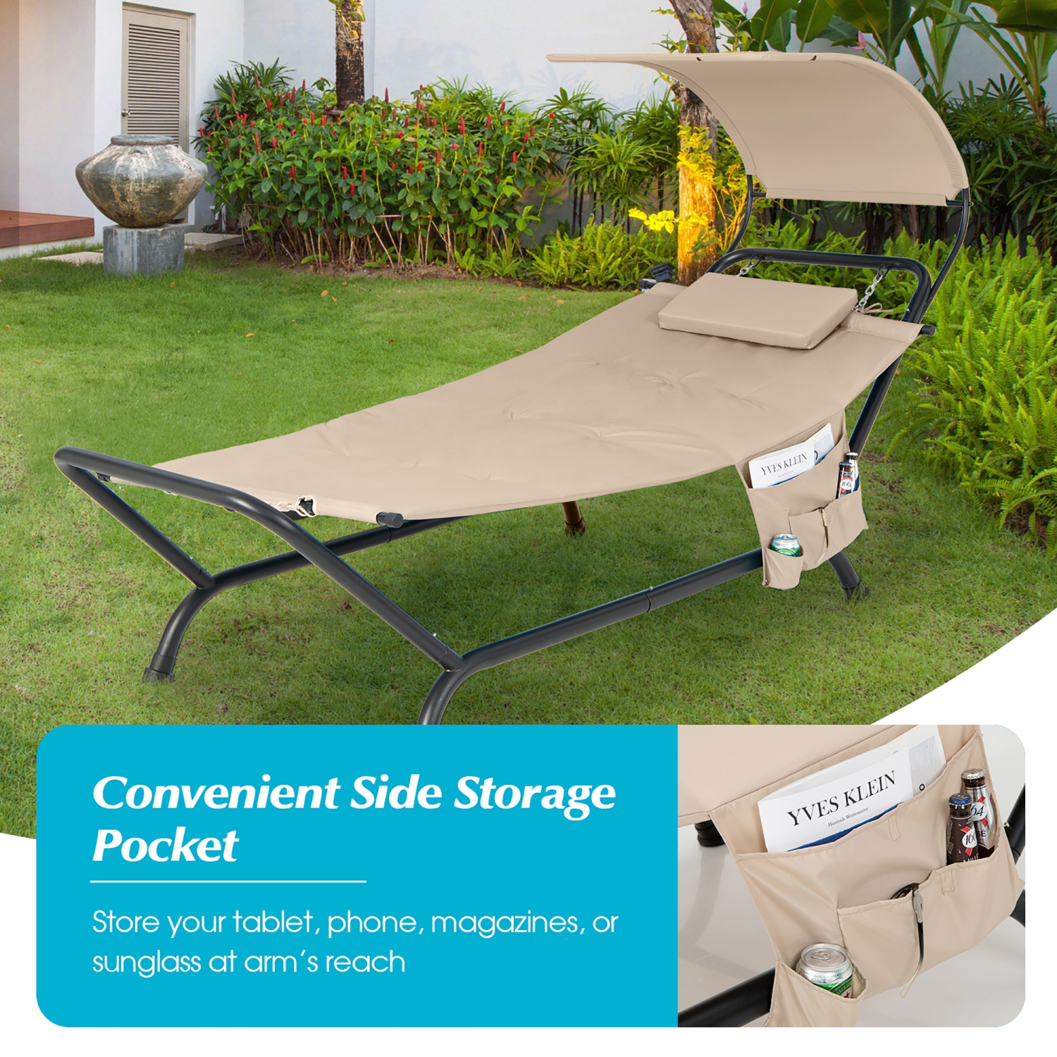 Costway Patio Hanging Chaise Lounge Chair with Canopy, Cushion, Pillow & Storage Bag