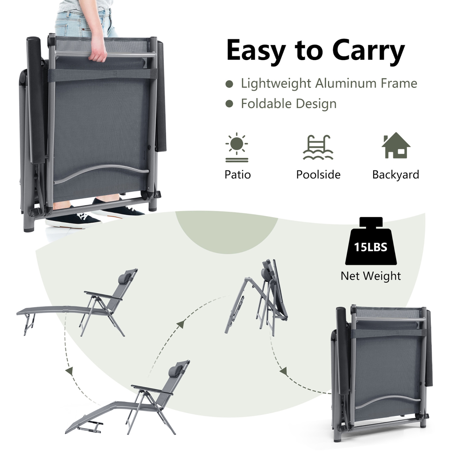 Costway Patio Folding Aluminum Lounge Chair Chaise Adjustable Back Armrest Headrest