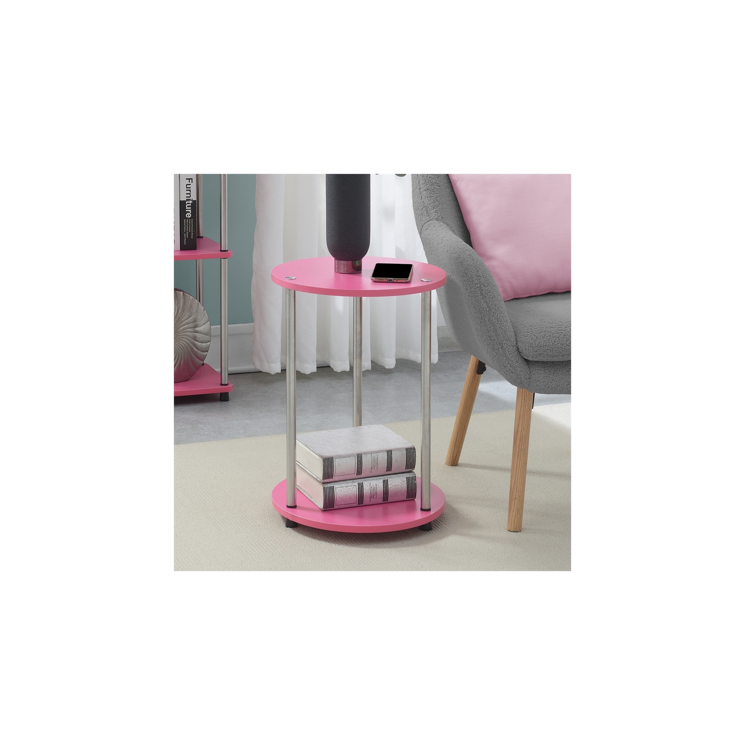 Designs2Go No-Tools Two-Tier Round End Table in Pink Wood Finish