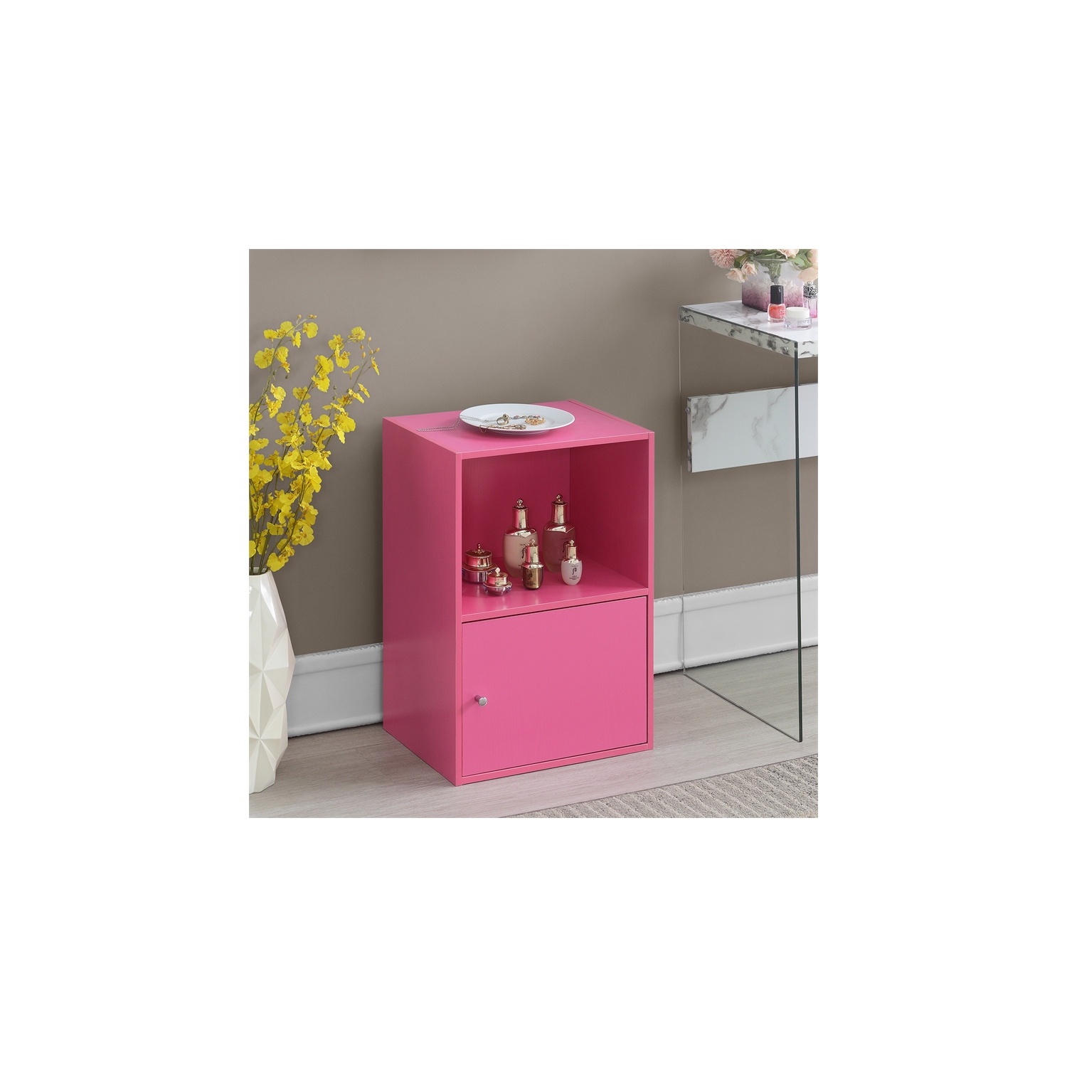 Xtra Storage One-Door Cabinet with Shelf in Pink Wood Finish