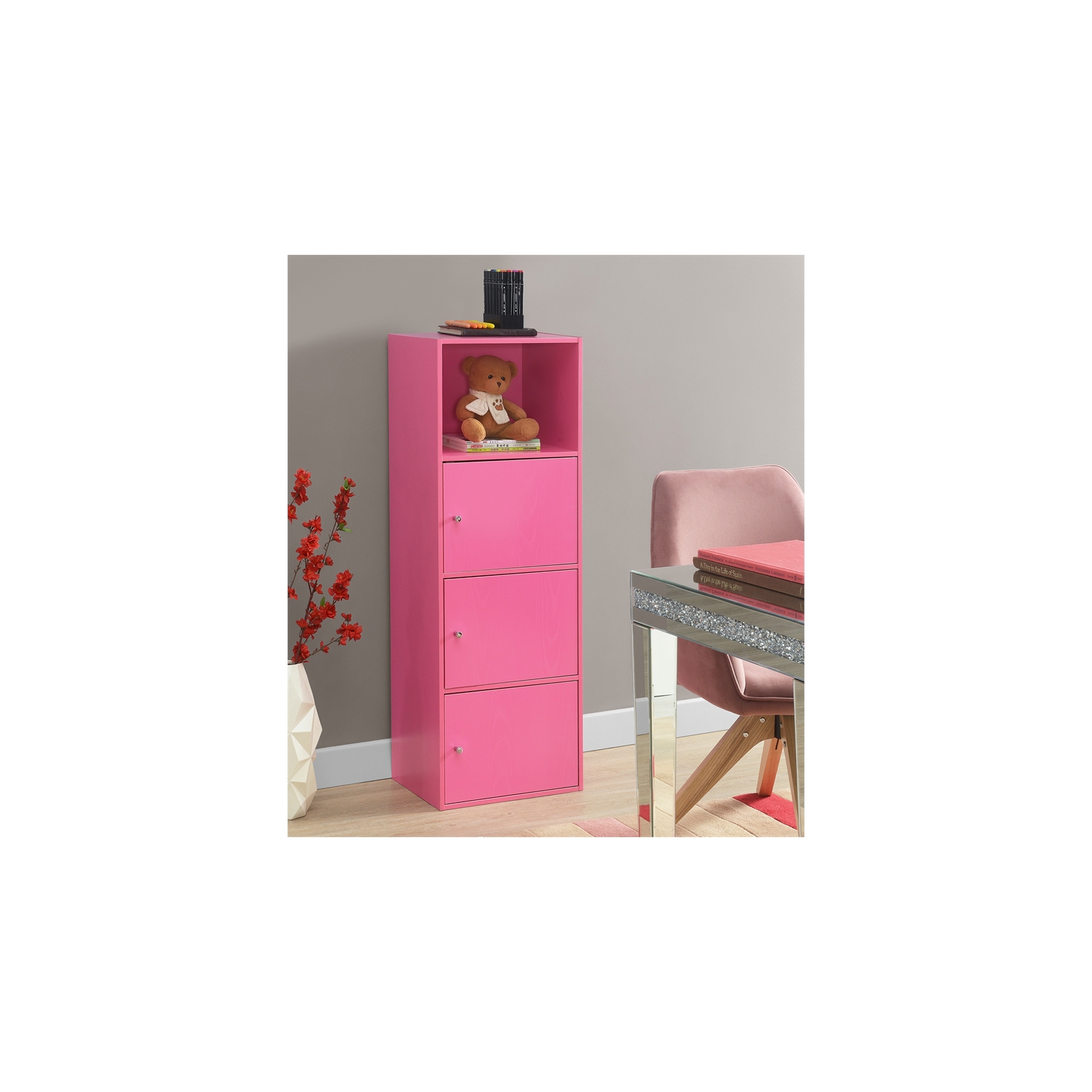 Xtra Storage Three-Door Cabinet with Shelf in Pink Wood Finish