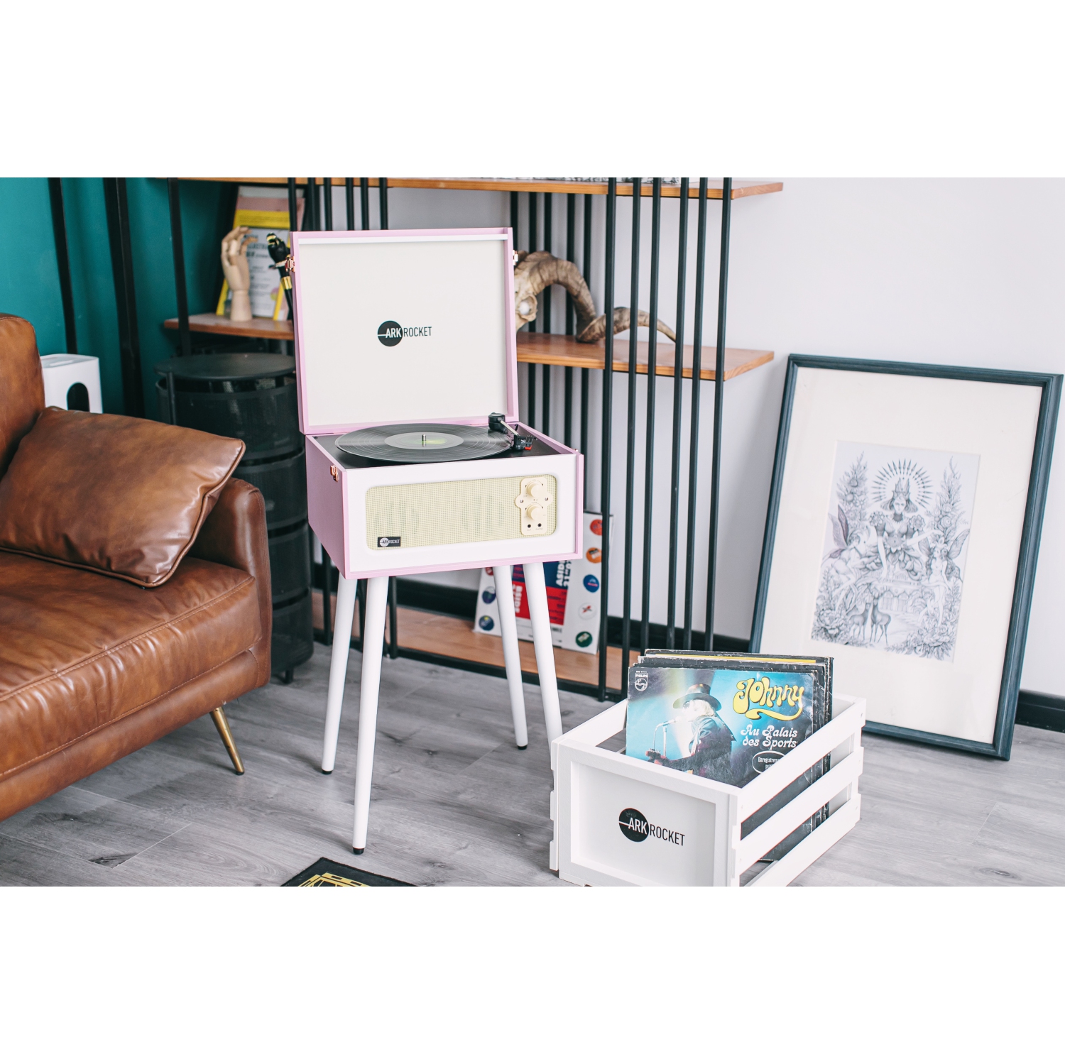 Arkrocket Discovery Bluetooth Record Player Stand with 3-Speed Turntable- Pink/White