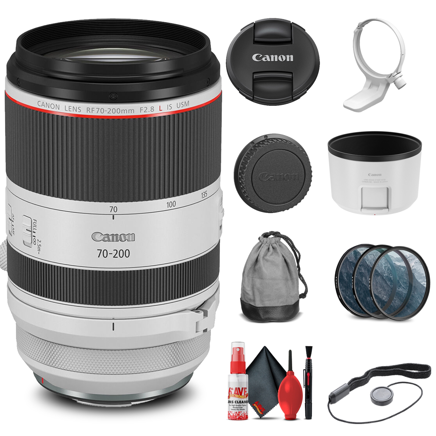 Objectif RF 70-200&nbsp;mm f/2,8&nbsp;L IS USM de Canon + ensemble de filtre + capuchon + prise (version internationale)