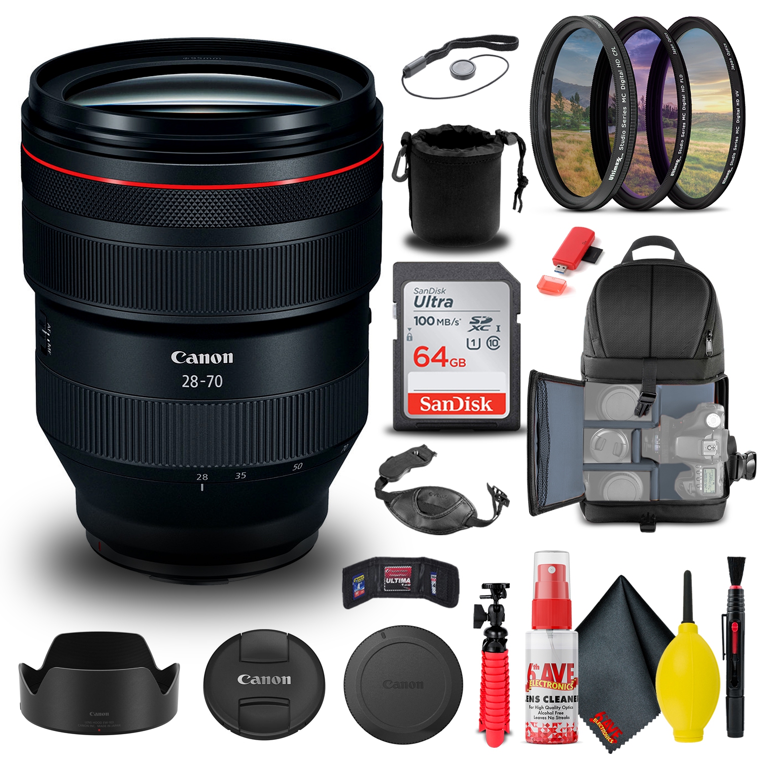 Objectif RF 28-70&nbsp;mm f/2&nbsp;L de Canon + sac à dos + carte 64&nbsp;Go + supplément (version internationale)