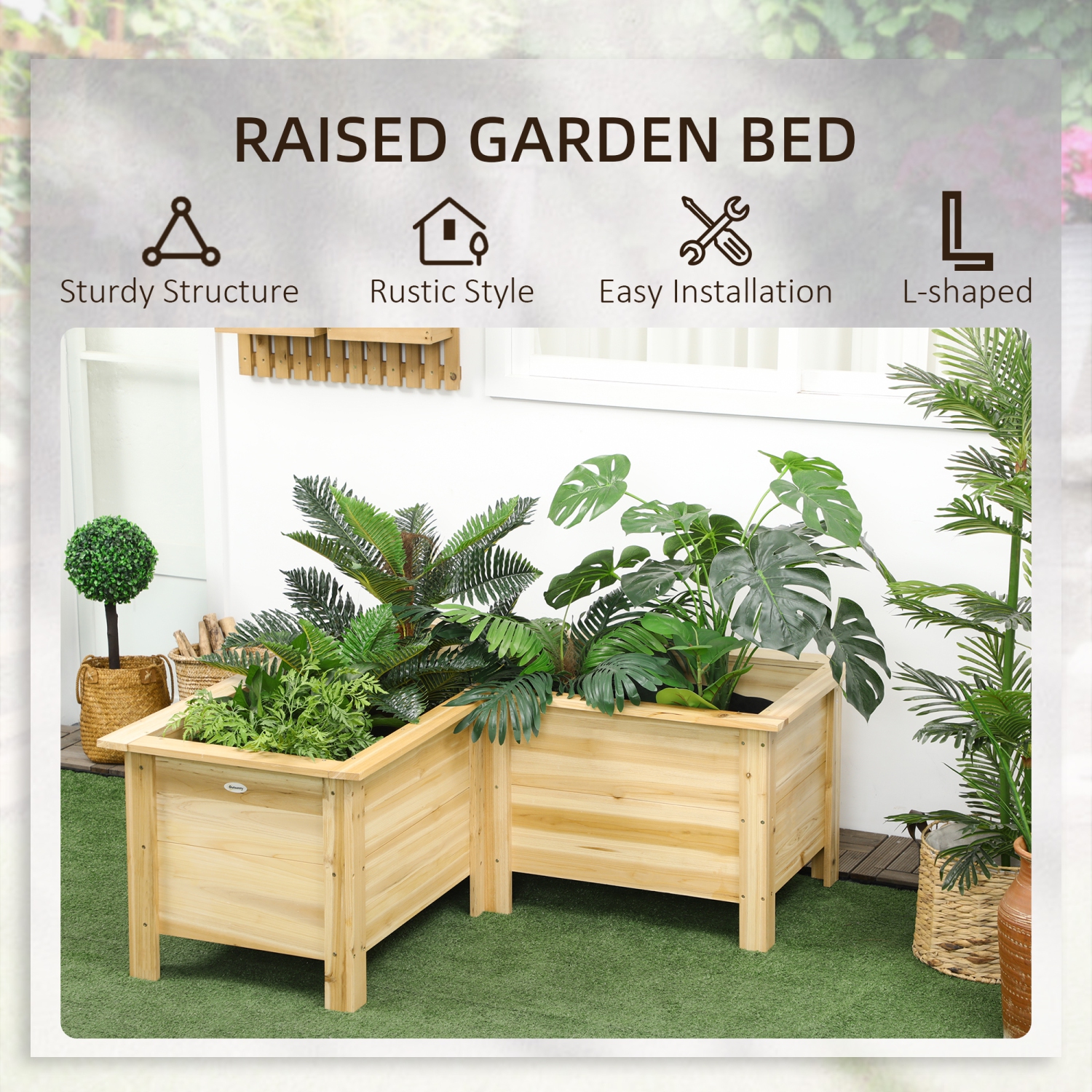 Outsunny Raised Garden Bed, 47.2" x 47.2" x 19.7" Wooden Elevated Planter Box Outdoor with Legs, for Vegetables, Flowers, Herbs, L-shaped, Natural