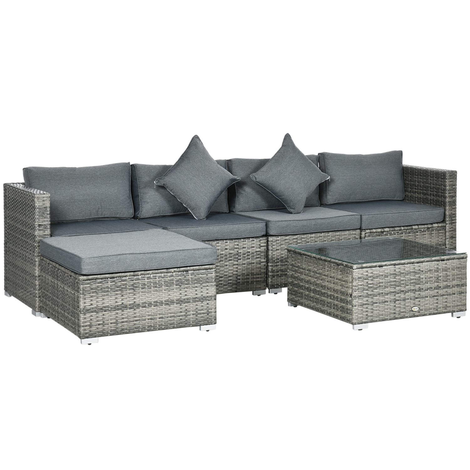 Outsunny 6 Pieces Outdoor PE Rattan Wicker Patio Furniture Sofa Set with Thick Cushions, Deluxe Garden Sectional Couch with Glass Top Table, Mixed