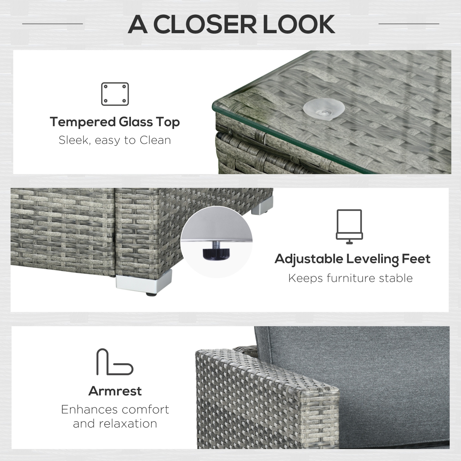 Outsunny 6 Pieces Outdoor PE Rattan Wicker Patio Furniture Sofa Set with Thick Cushions, Deluxe Garden Sectional Couch with Glass Top Table, Mixed