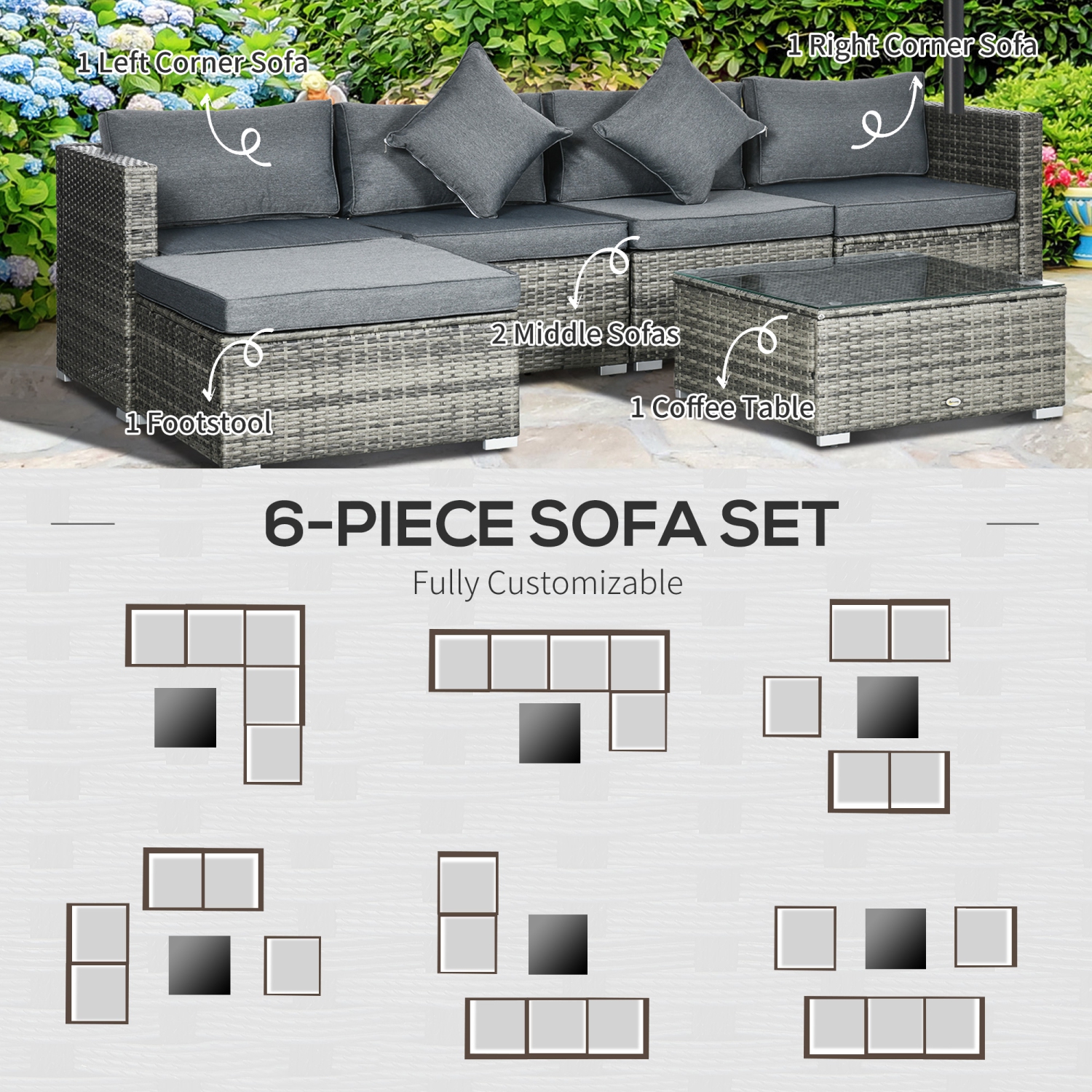 Outsunny 6 Pieces Outdoor PE Rattan Wicker Patio Furniture Sofa Set with Thick Cushions, Deluxe Garden Sectional Couch with Glass Top Table, Mixed