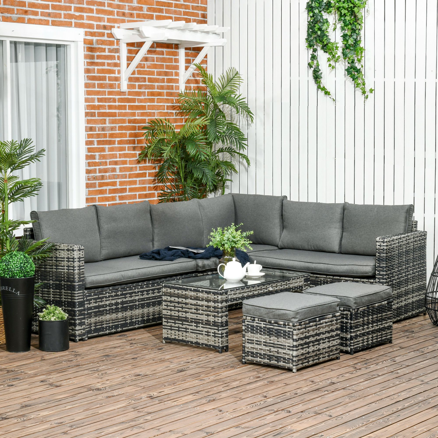 Outsunny 6 Piece Rattan Garden Furniture Set, 8-Seater Outdoor Sofa Sectional with 3 Loveseat Wicker Sofa with Cushions, 2 Footstools and Glass Table