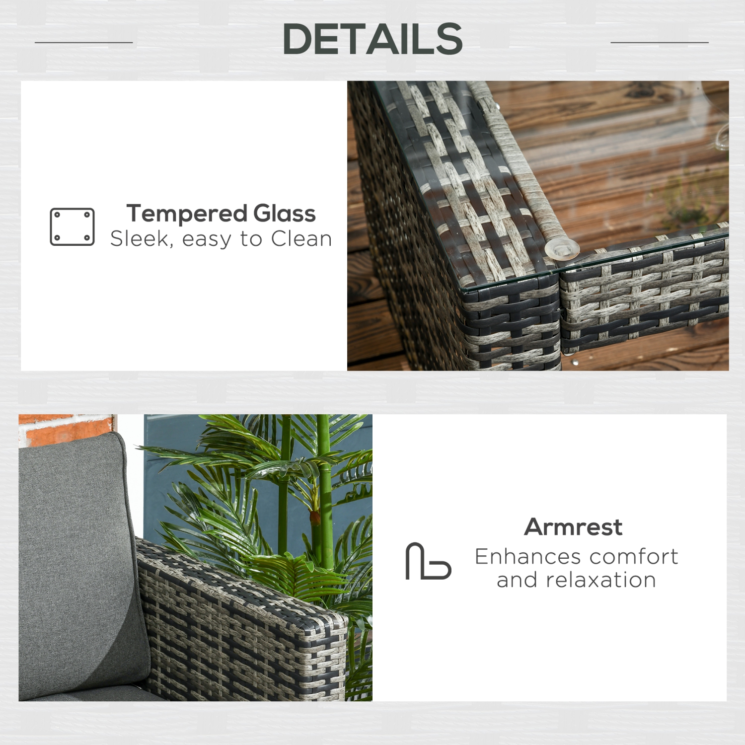 Outsunny 6 Piece Rattan Garden Furniture Set, 8-Seater Outdoor Sofa Sectional with 3 Loveseat Wicker Sofa with Cushions, 2 Footstools and Glass Table