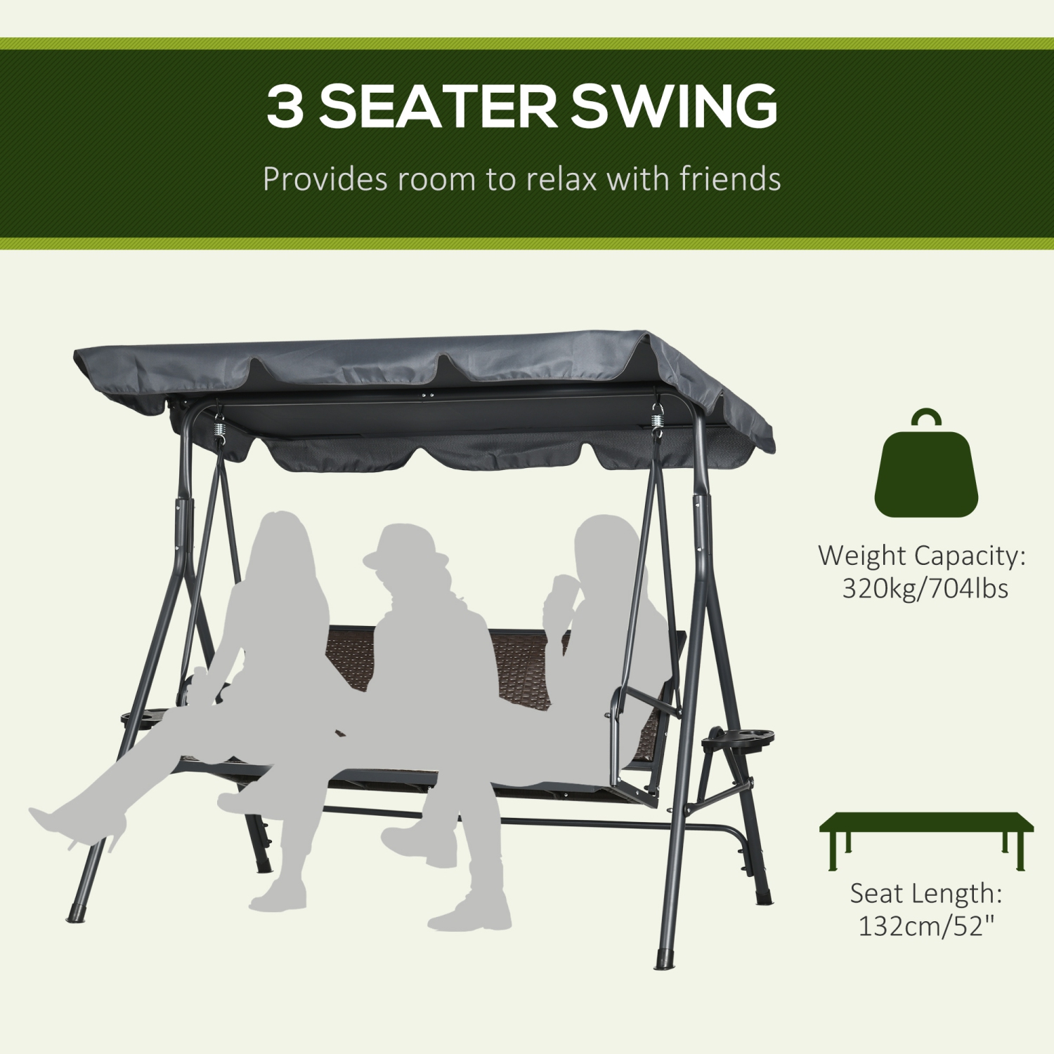 Outsunny 3-Seat Patio Swing Chair, Outdoor Canopy Swing Glider with Adjustable Shade, Rattan Seat and Steel Frame, for Porch, Garden, Poolside, Dark