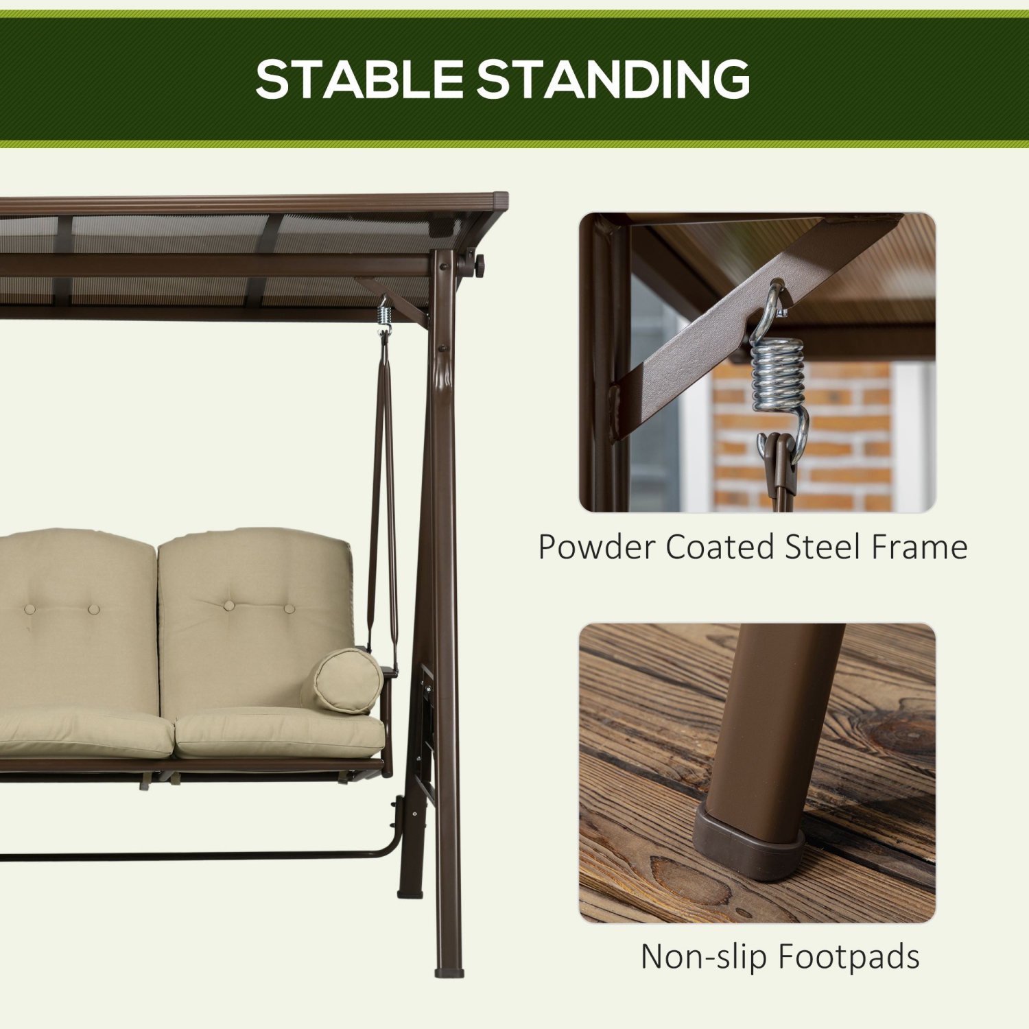 Outsunny Chaise balançoire 3 places pour terrasse, balançoire extérieure avec coussin, oreillers et auvent réglable en polycarbonate pour porche,