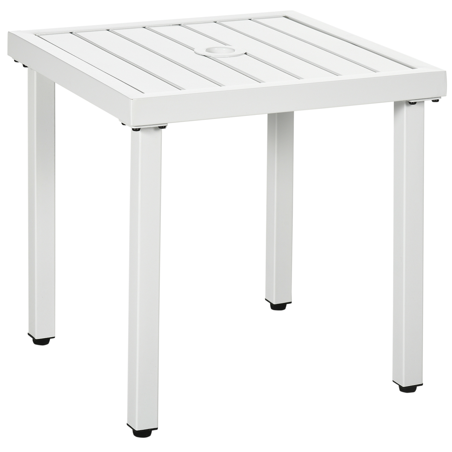 Outsunny Outdoor Side Table, Patio End Table with Umbrella Hole, Small Coffee Table with Steel Frame for Balcony, White