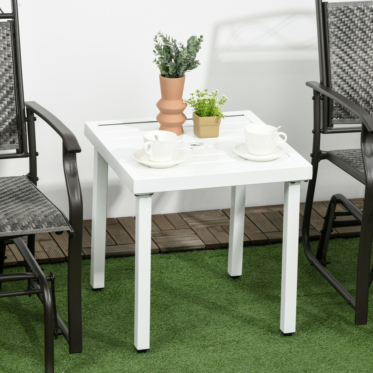 Outsunny Outdoor Side Table, Patio End Table with Umbrella Hole, Small Coffee Table with Steel Frame for Balcony, White