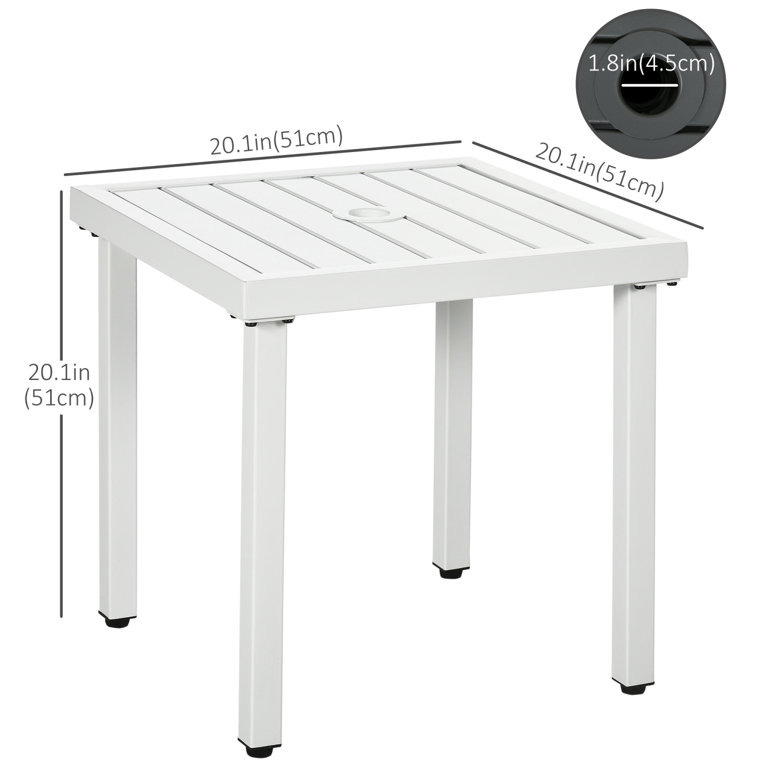 Outsunny Outdoor Side Table, Patio End Table with Umbrella Hole, Small Coffee Table with Steel Frame for Balcony, White