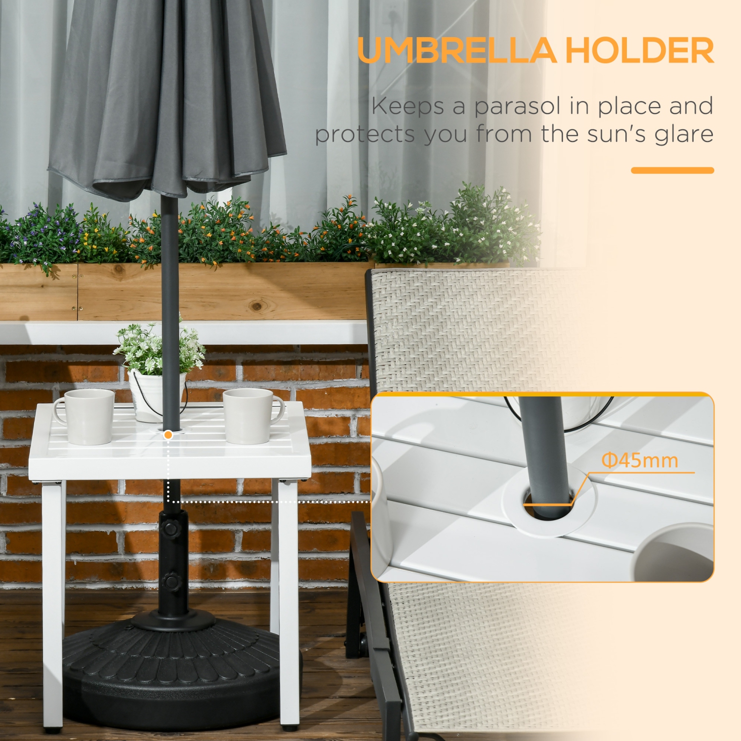 Outsunny Outdoor Side Table, Patio End Table with Umbrella Hole, Small Coffee Table with Steel Frame for Balcony, White