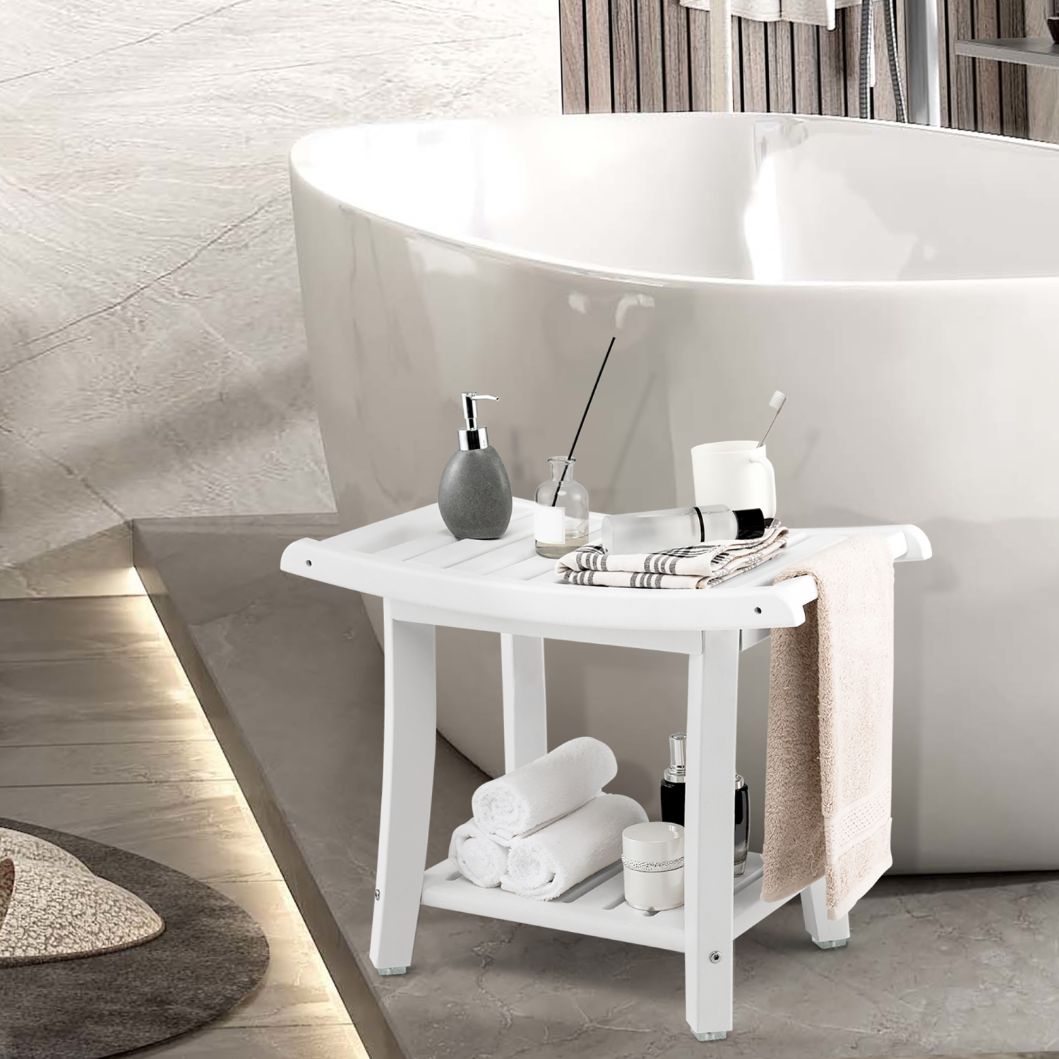 Gymax 2-tier Shower Bench Waterproof Spa Bath Shower Stool Heavy Duty w/ Shelf