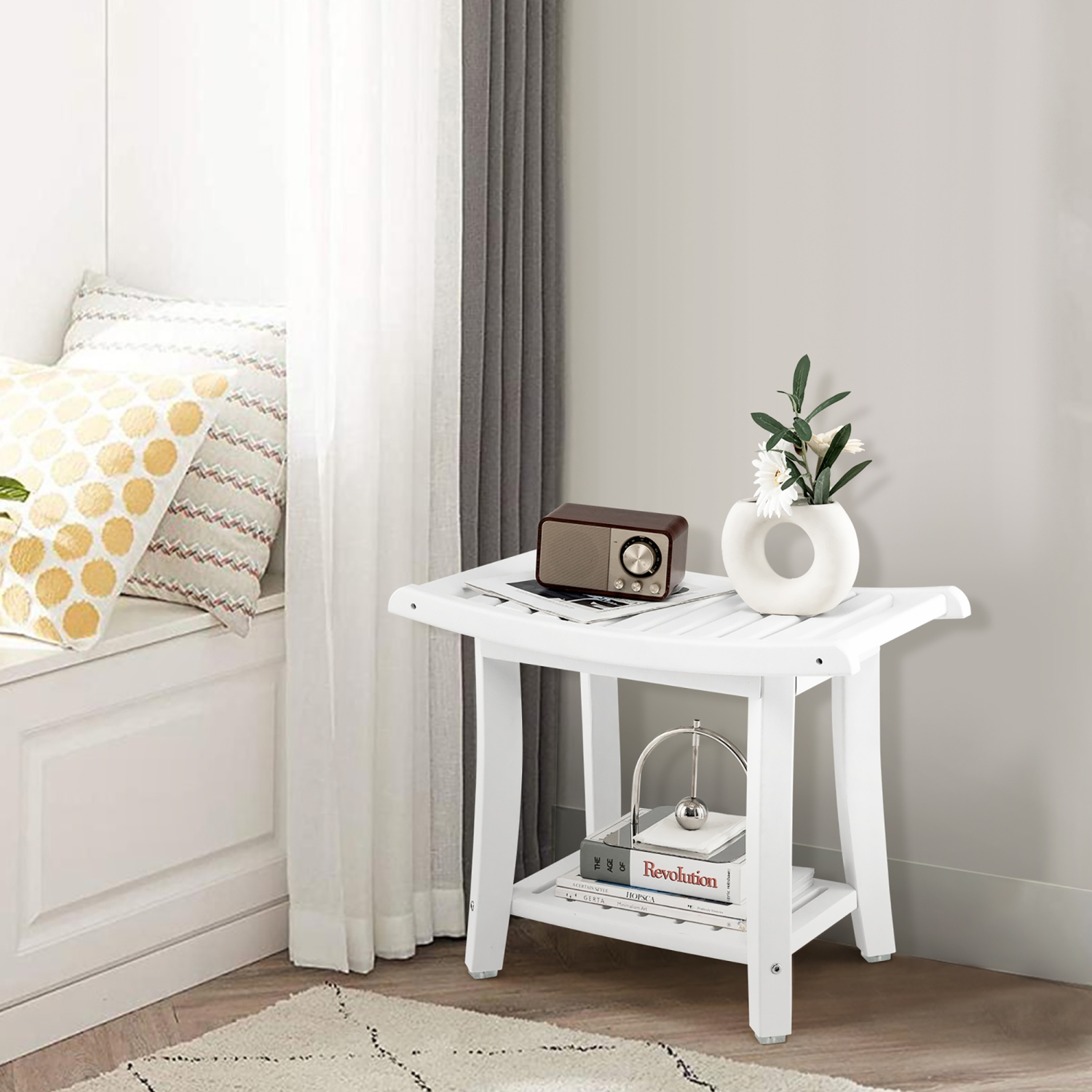 Gymax 2-tier Shower Bench Waterproof Spa Bath Shower Stool Heavy Duty w/ Shelf