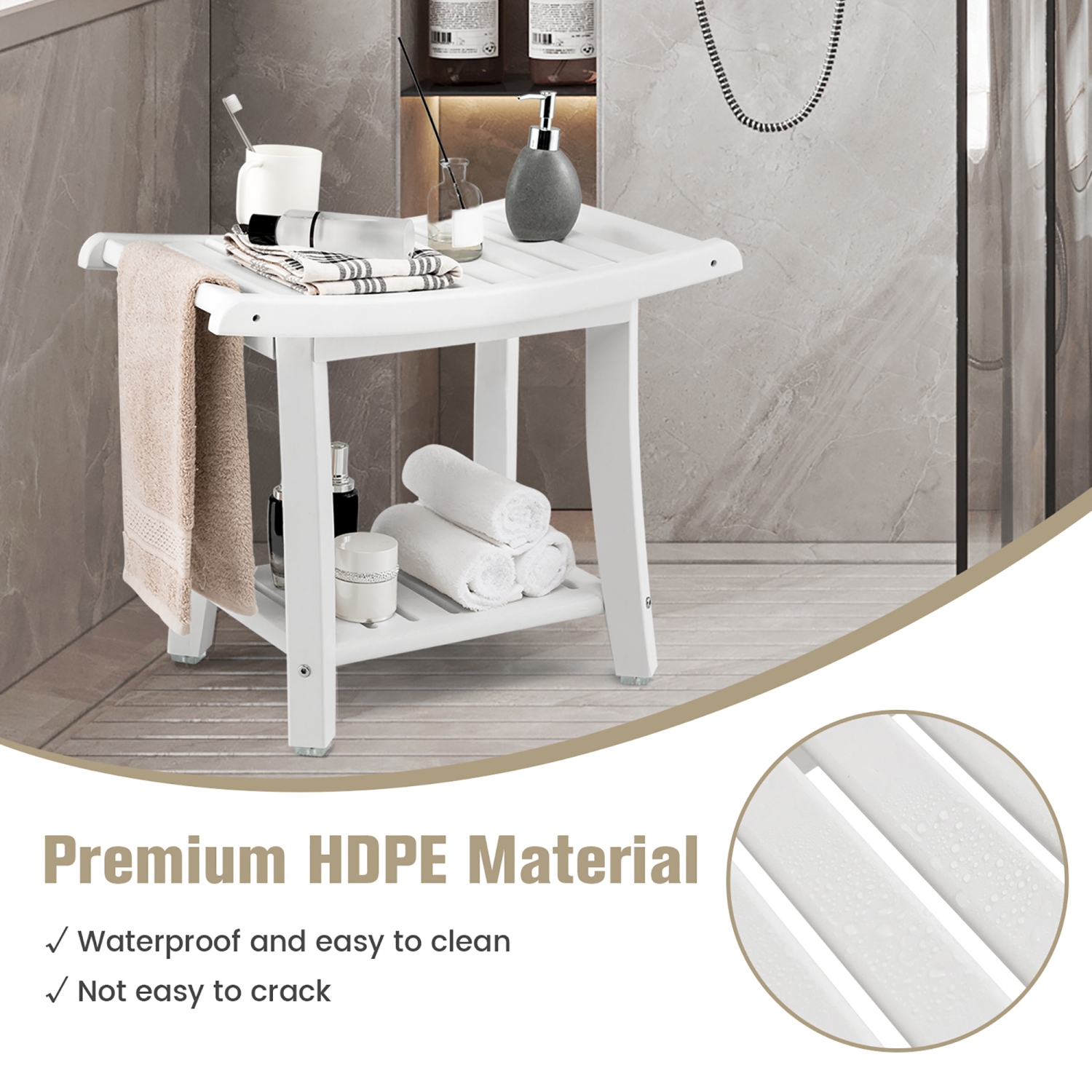 Gymax 2-tier Shower Bench Waterproof Spa Bath Shower Stool Heavy Duty w/ Shelf