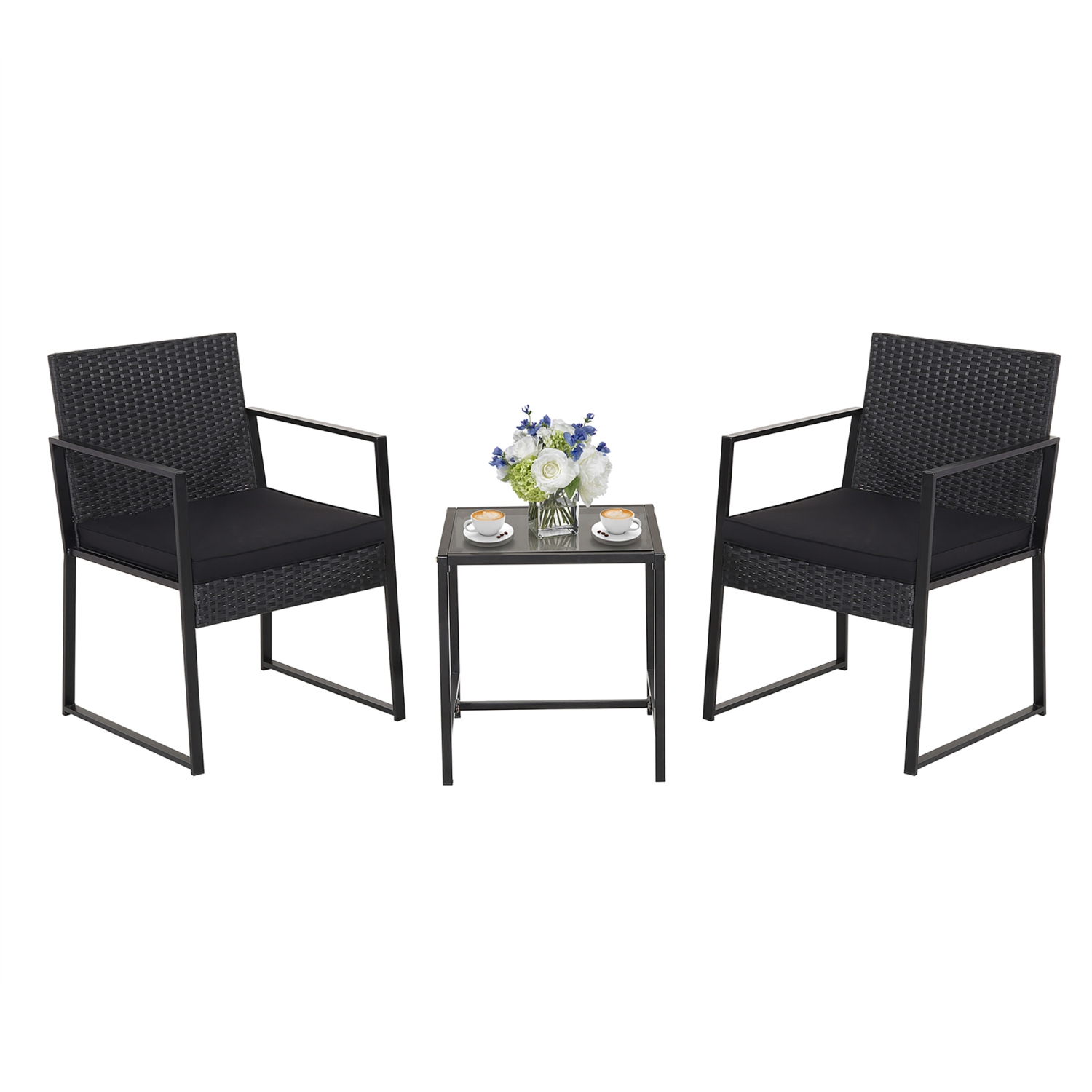 Gymax 3PCS Patio Rattan PE Wicker Bistro Set Outdoor Furniture Set w/ Table & Cushion