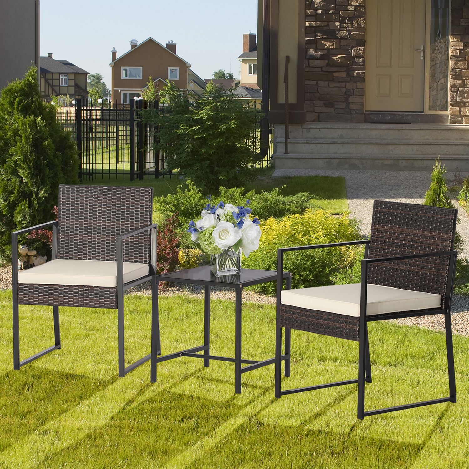 Gymax 3PCS Patio Rattan Hand-Woven PE Wicker Bistro Set Outdoor Furniture Set w/ Table & Cushion