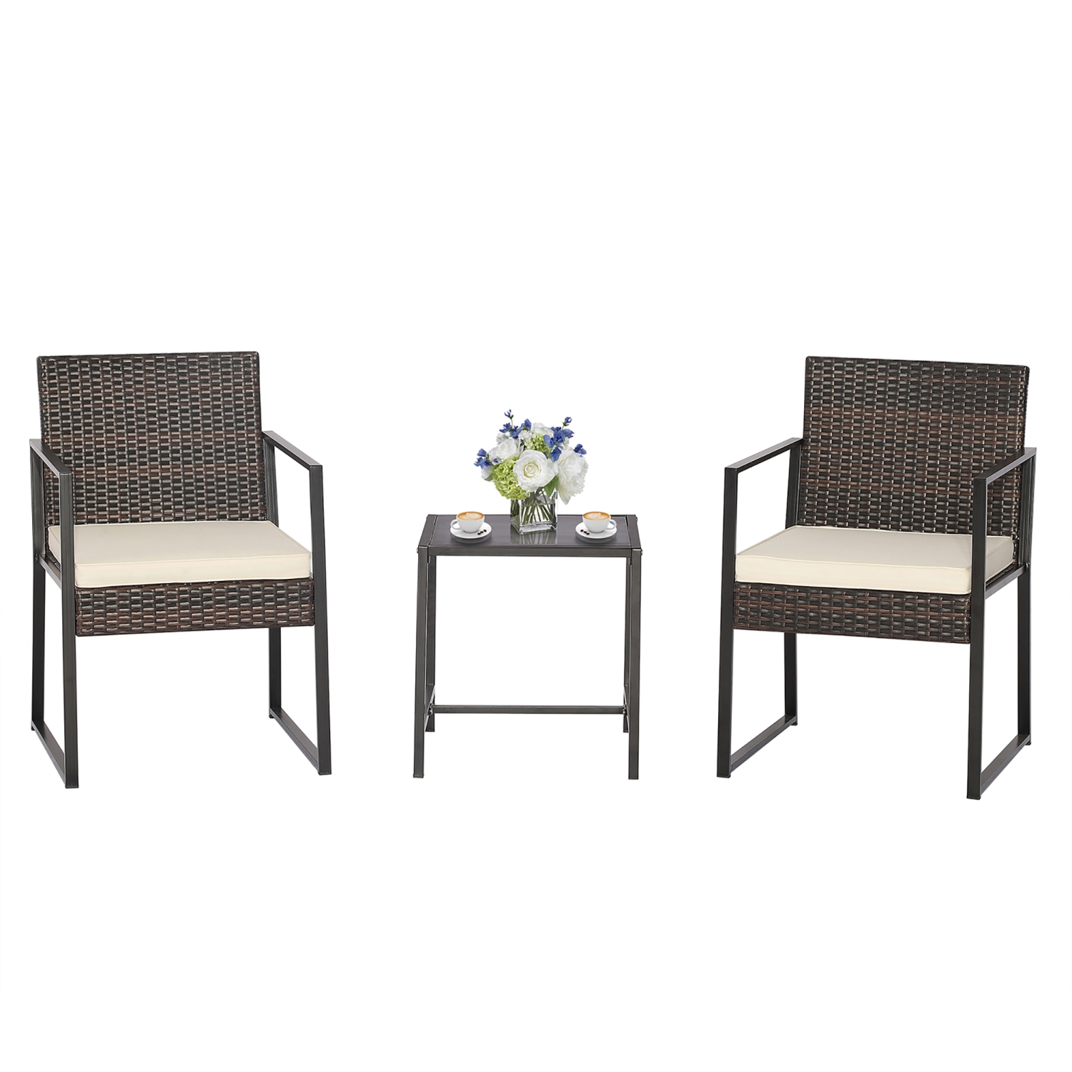 Gymax 3PCS Patio Rattan Hand-Woven PE Wicker Bistro Set Outdoor Furniture Set w/ Table & Cushion
