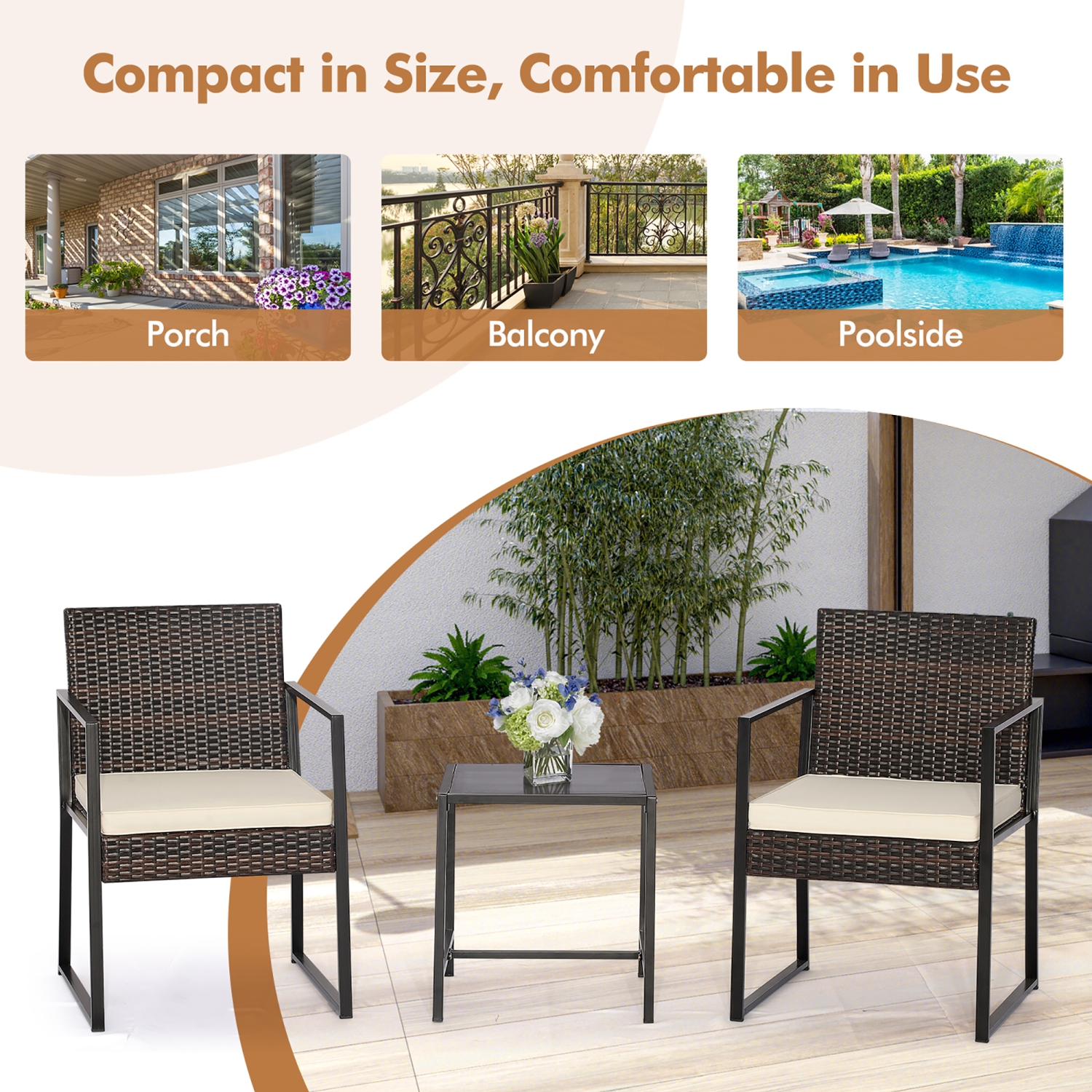 Gymax 3PCS Patio Rattan Hand-Woven PE Wicker Bistro Set Outdoor Furniture Set w/ Table & Cushion