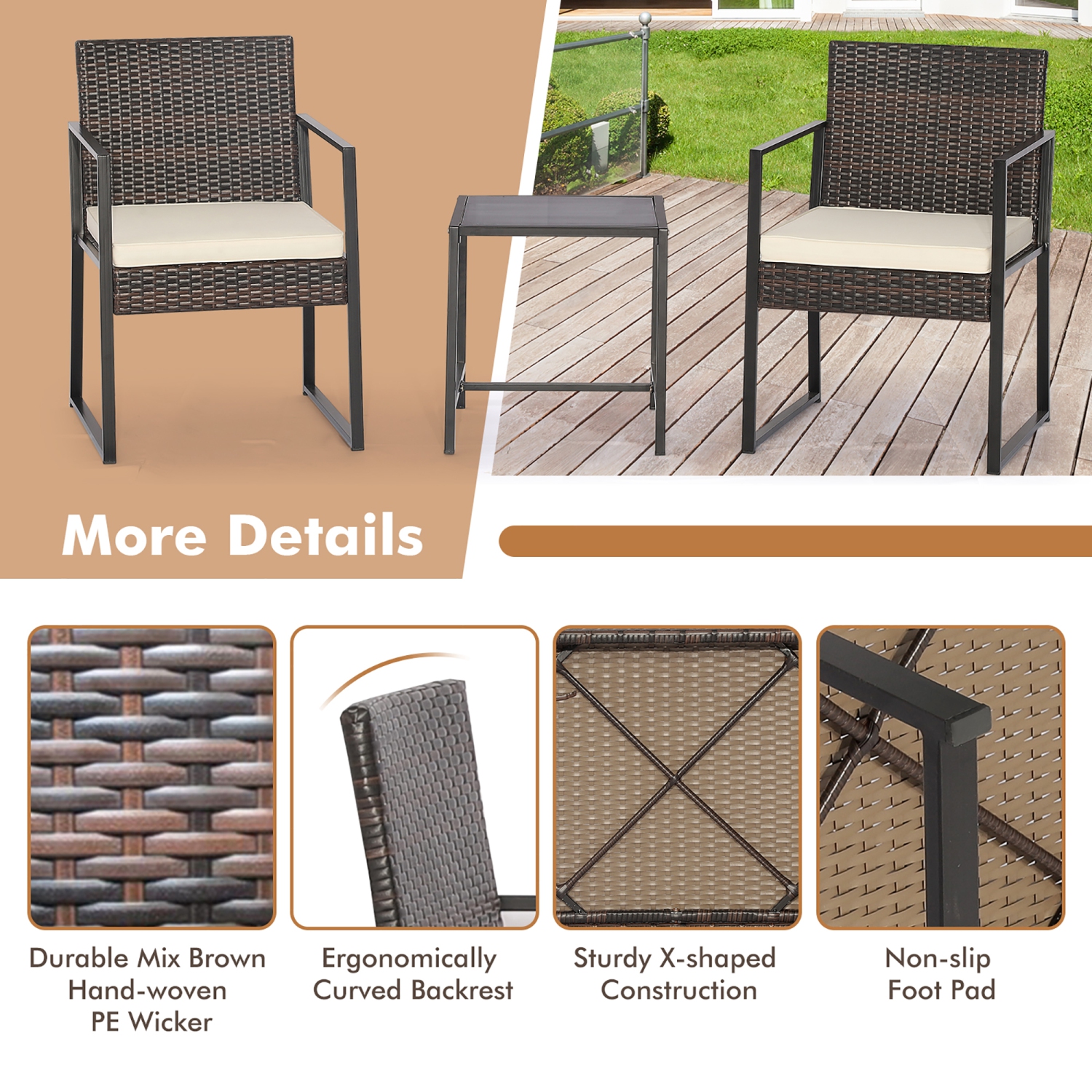Gymax 3PCS Patio Rattan Hand-Woven PE Wicker Bistro Set Outdoor Furniture Set w/ Table & Cushion