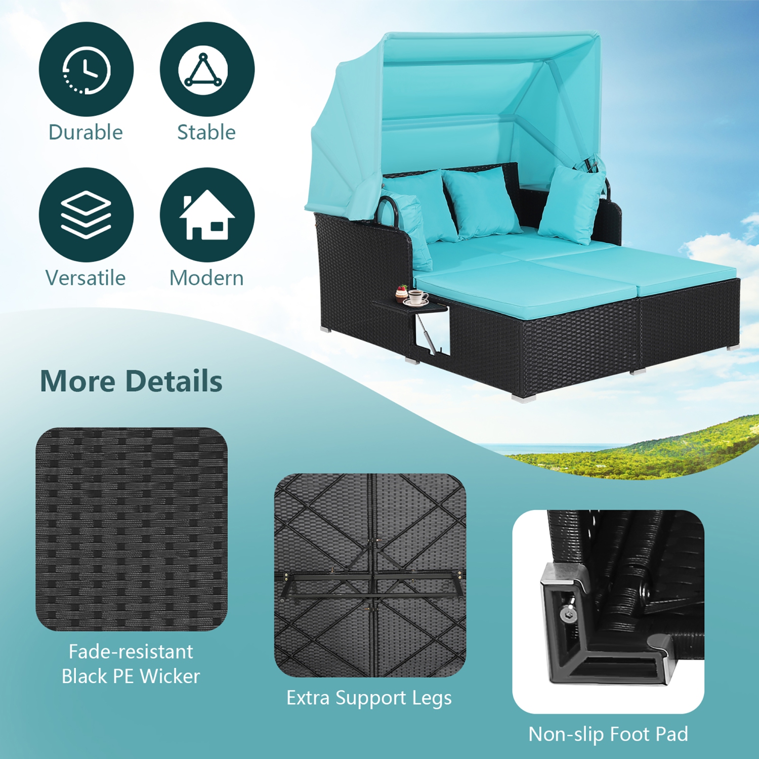 Ensemble de canapé d'extérieur GYMAX, canapé-lit d'extérieur en osier PE tissé à la main avec coussins Turquoise