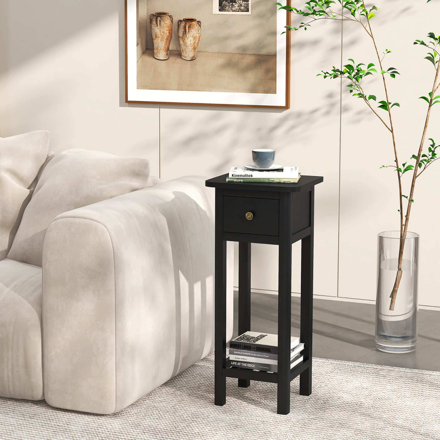 Gymax Solid Wood Side Table Rectangular Sofa Side Table w/ Acacia Wood Top Telephone Table Black
