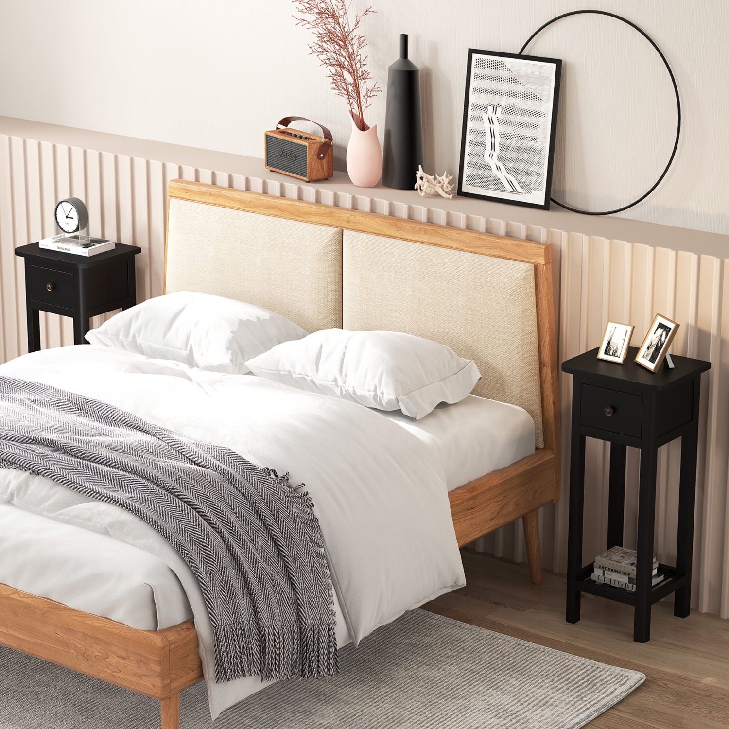 Table d'appoint de canapé de chevet à 2 niveaux de marque Gymax avec étagère à tiroirs Table de chevet en bois d'acacia noir