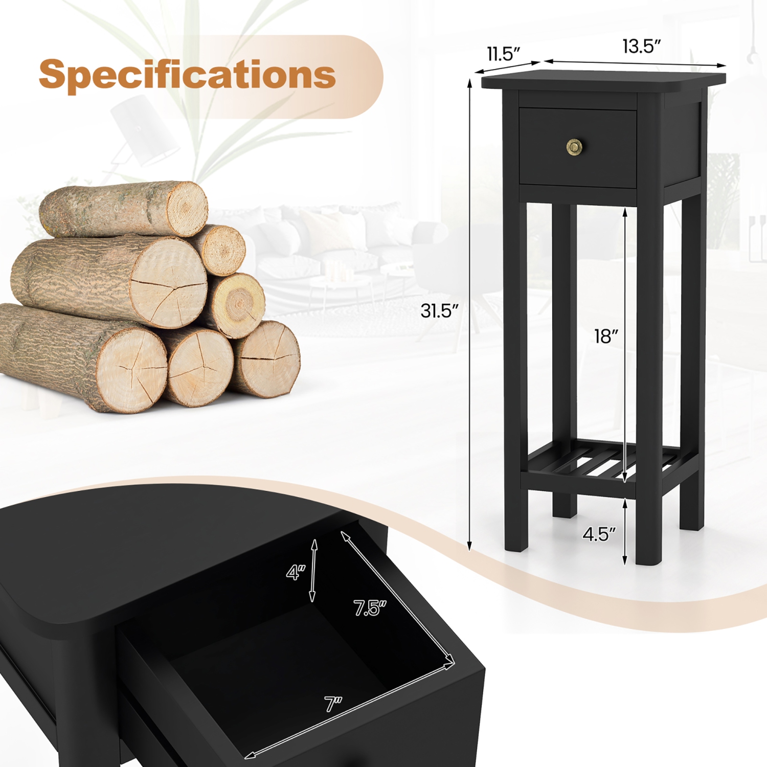 Table d'appoint de canapé de chevet à 2 niveaux de marque Gymax avec étagère à tiroirs Table de chevet en bois d'acacia noir