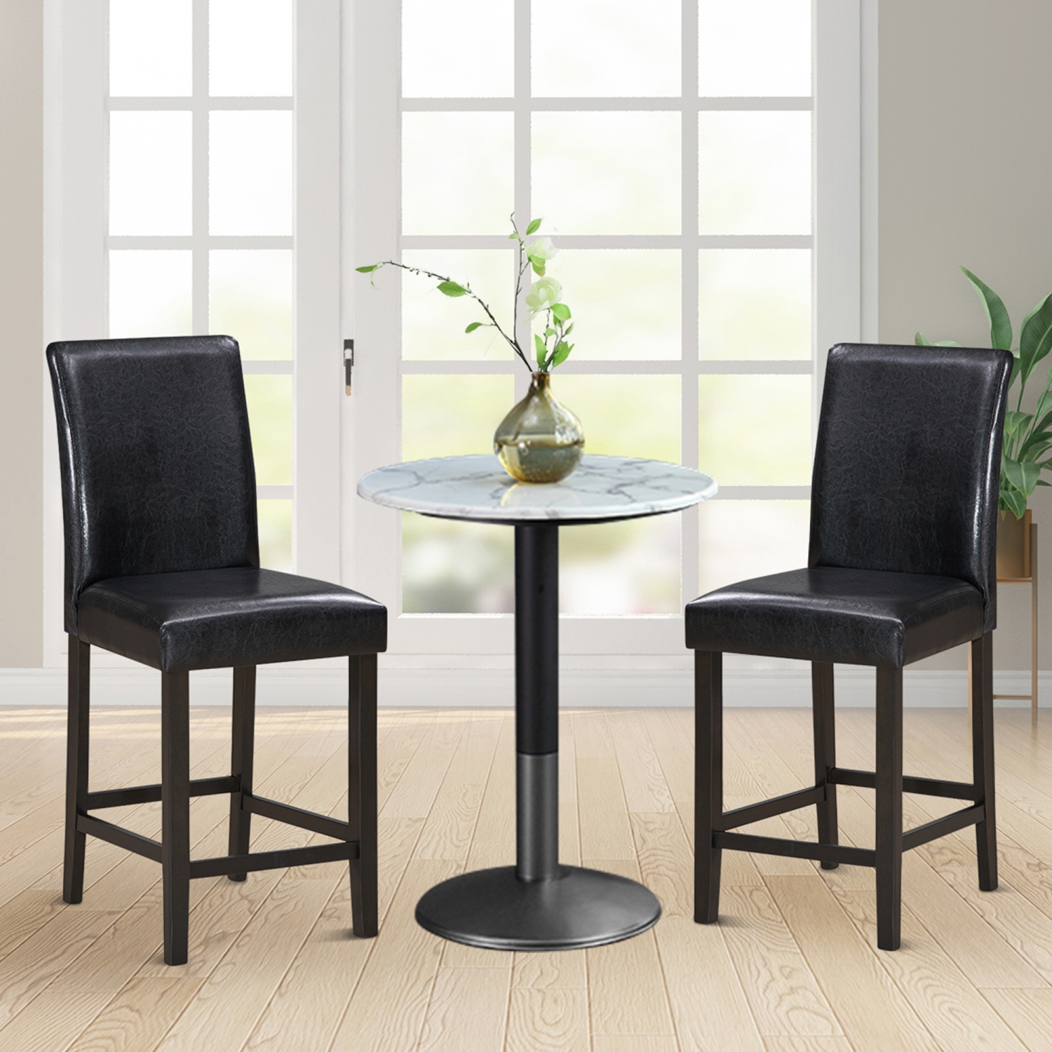 Gymax Set of 2 Bar Stools 25inch Counter Height Barstool Pub Chair w/Rubber Wood Legs