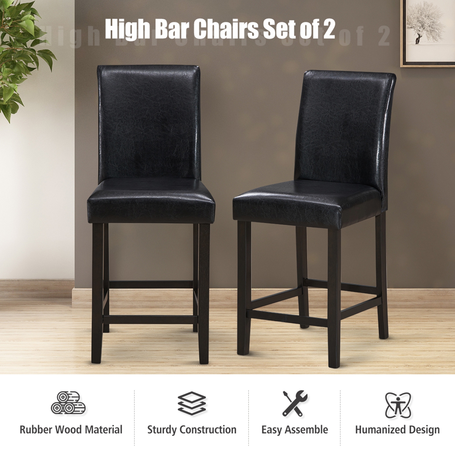 Gymax Set of 2 Bar Stools 25inch Counter Height Barstool Pub Chair w/Rubber Wood Legs