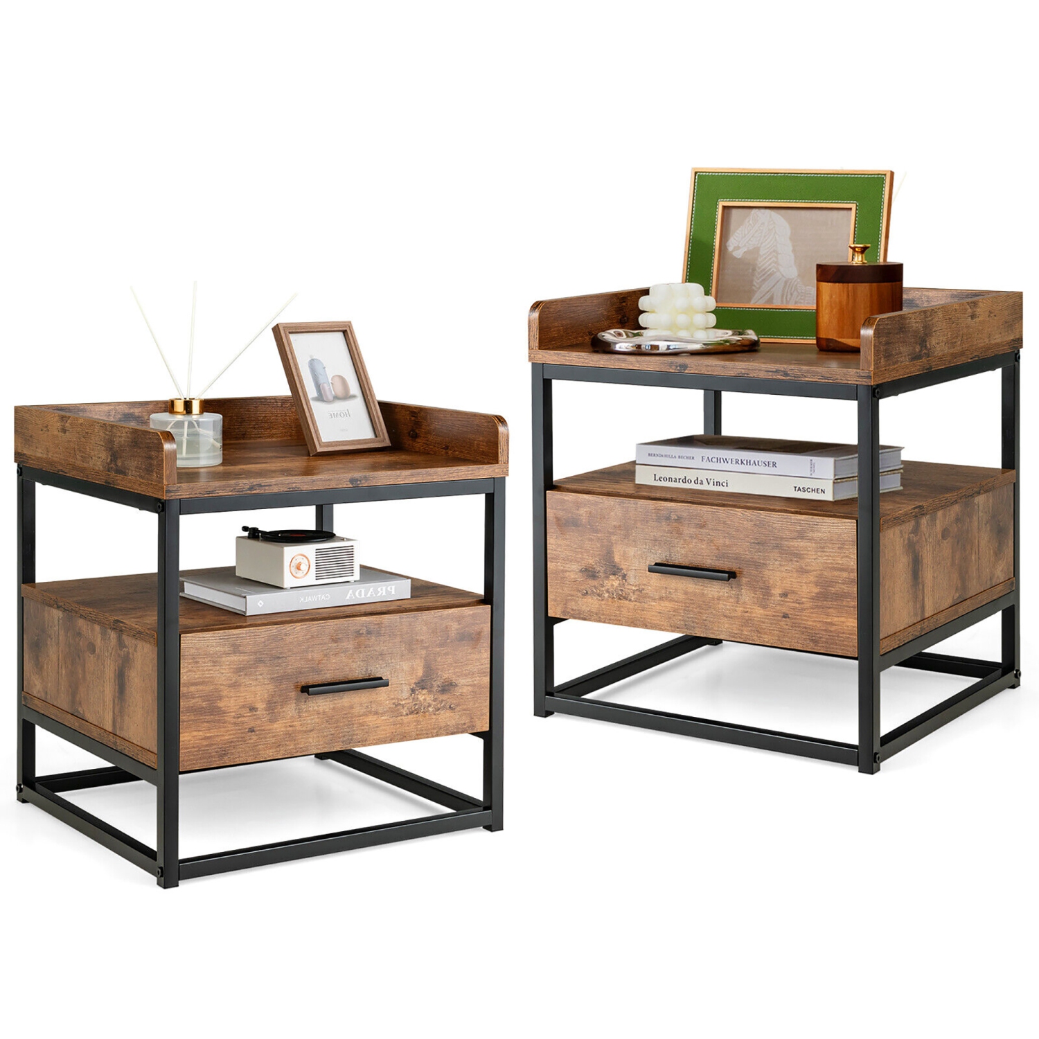 Gymax 2PCS Nightstand Side End Sofa Table w/ Metal Frame for Living Room Bedroom