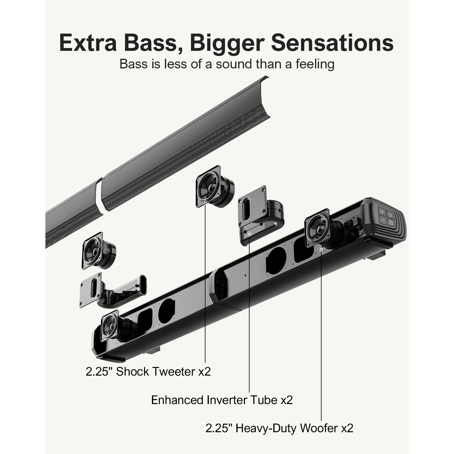Barre de son amovible 2-en-1 Apollo S40 d'ULTIMEA, Bluetooth 5,3, 3 modes d'égalisation, barre de son avec basses réglables, ARC/optique/auxiliaire,