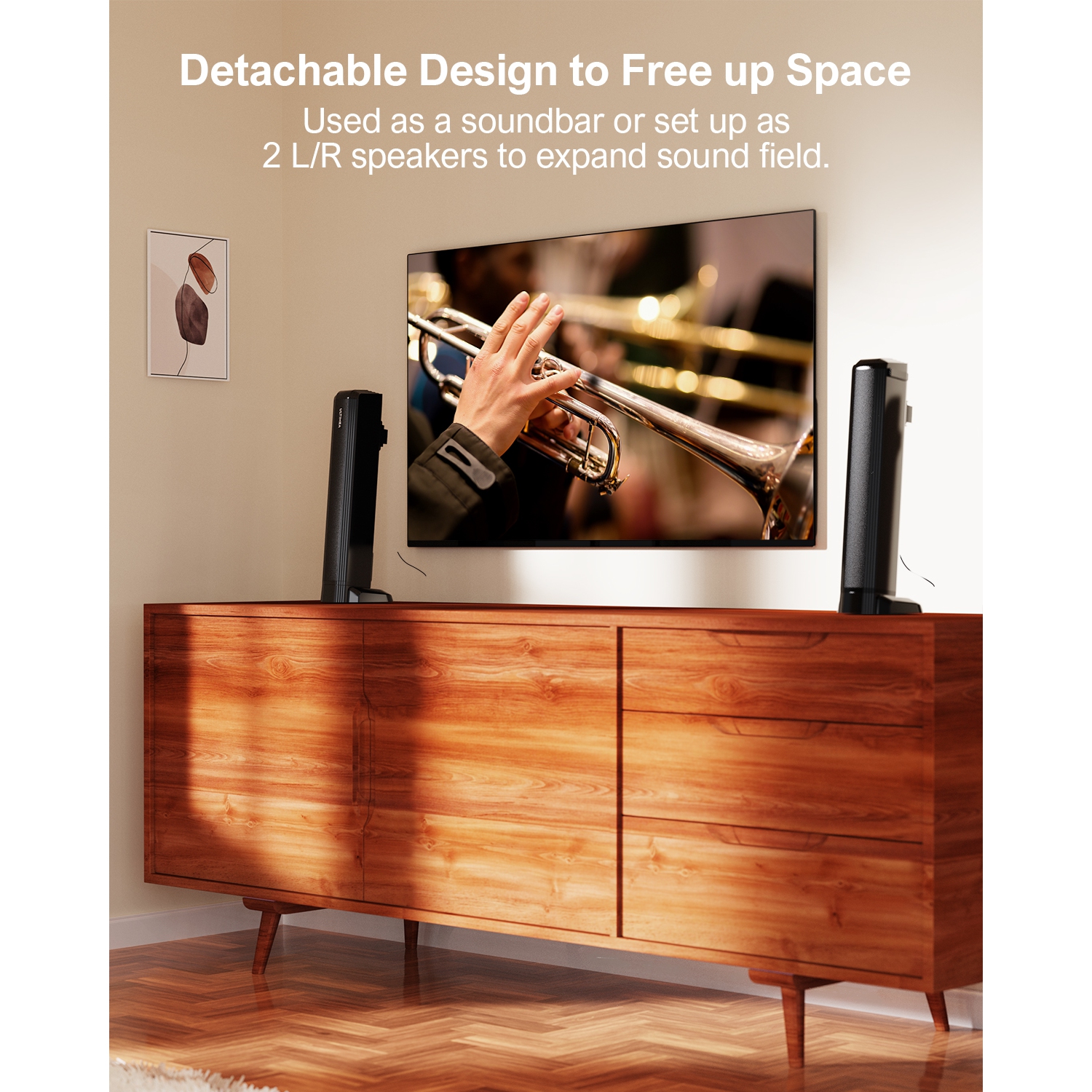 Barre de son amovible 2-en-1 Apollo S40 d'ULTIMEA, Bluetooth 5,3, 3 modes d'égalisation, barre de son avec basses réglables, ARC/optique/auxiliaire,