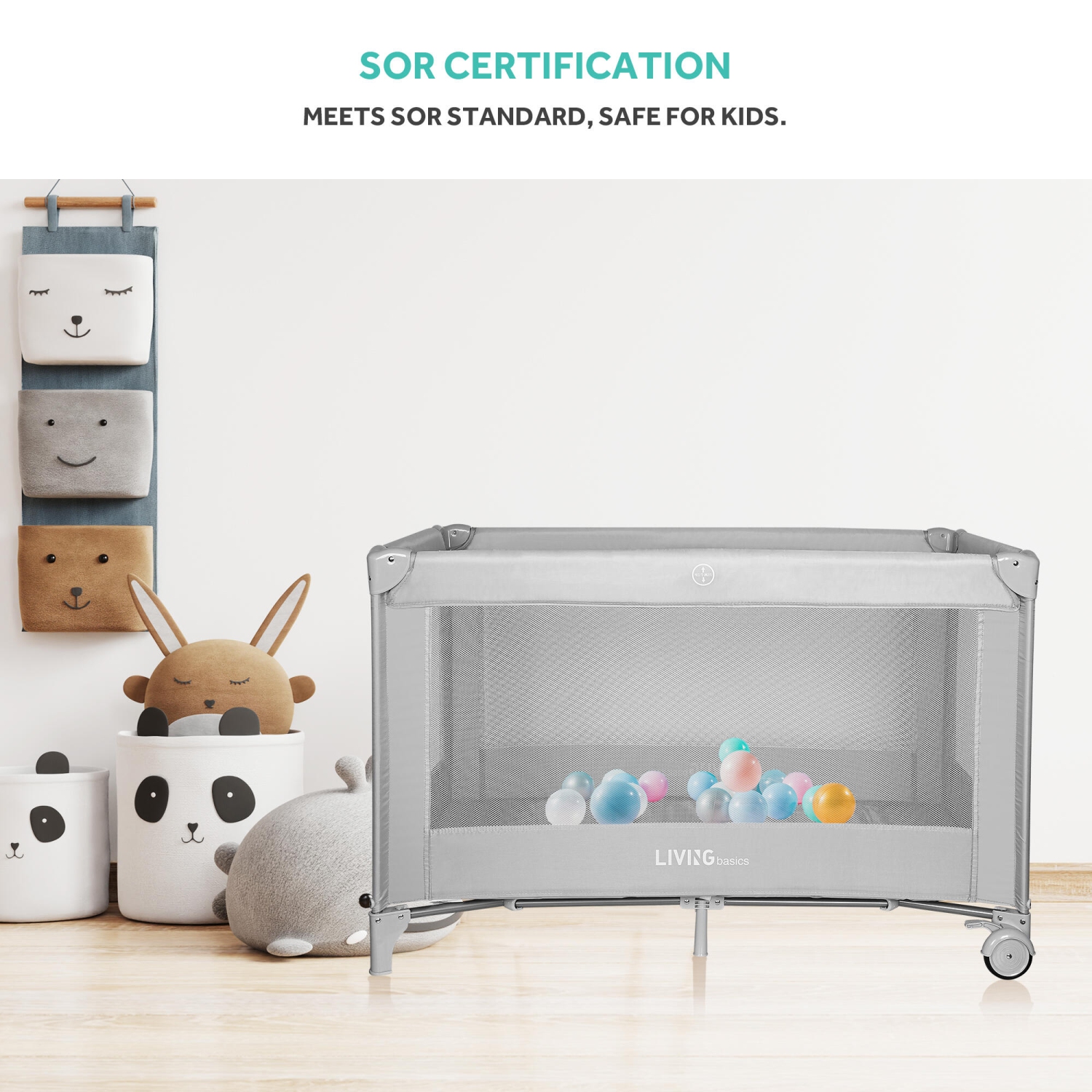 LIVINGbasics Baby Playard , Foldable Baby Playpen for Toddlers Kids Safe Play Center with Packing Bag and 2 Wheels