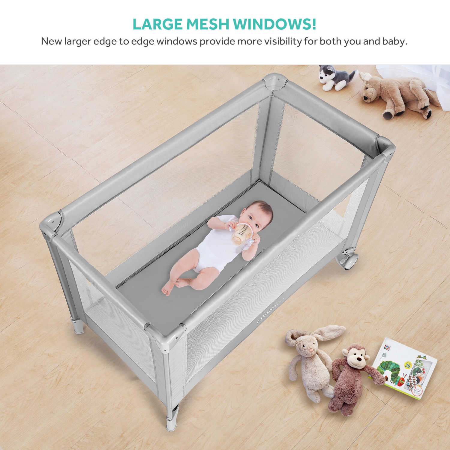 LIVINGbasics Baby Playard , Foldable Baby Playpen for Toddlers Kids Safe Play Center with Packing Bag and 2 Wheels