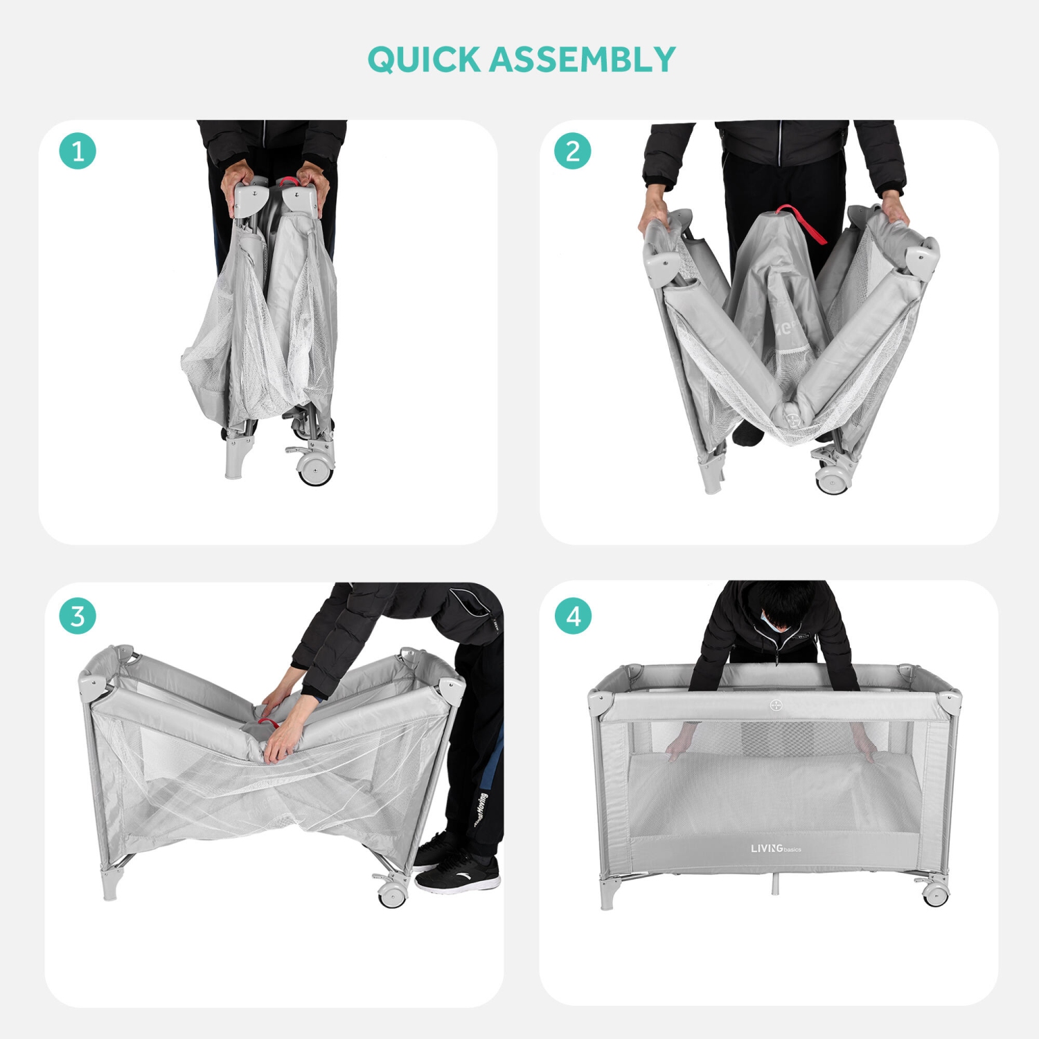 LIVINGbasics Baby Playard , Foldable Baby Playpen for Toddlers Kids Safe Play Center with Packing Bag and 2 Wheels