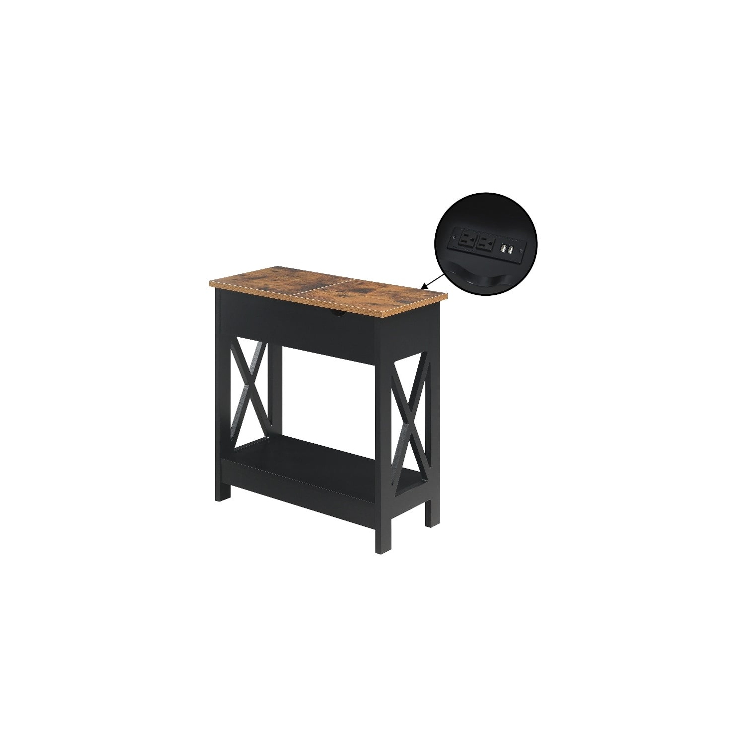Oxford Flip-Top End Table with Charging Station and Shelf in Black Wood Finish
