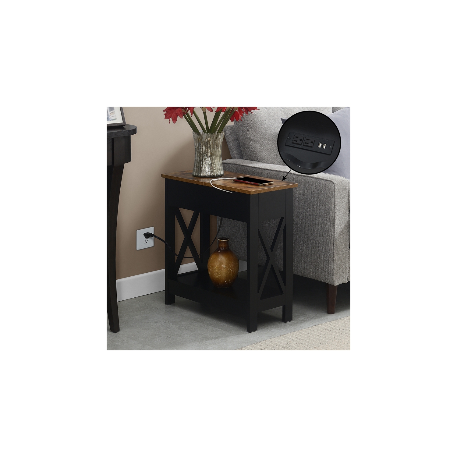 Oxford Flip-Top End Table with Charging Station and Shelf in Black Wood Finish