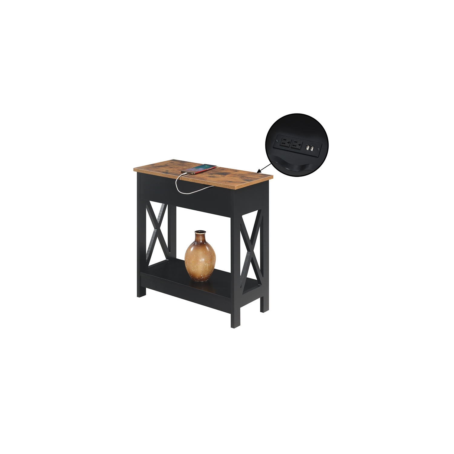 Oxford Flip-Top End Table with Charging Station and Shelf in Black Wood Finish