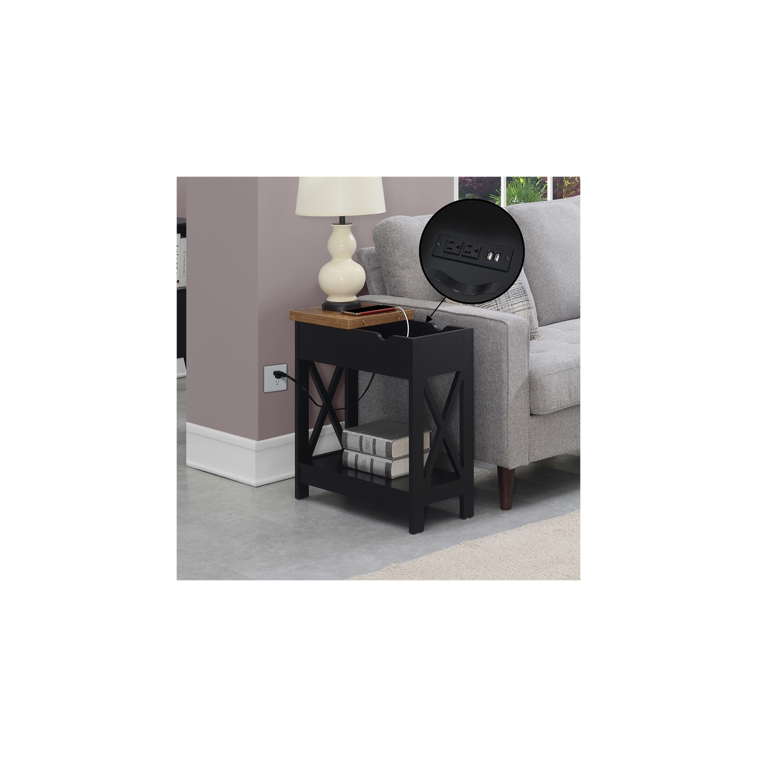 Oxford Flip-Top End Table with Charging Station and Shelf in Black Wood Finish