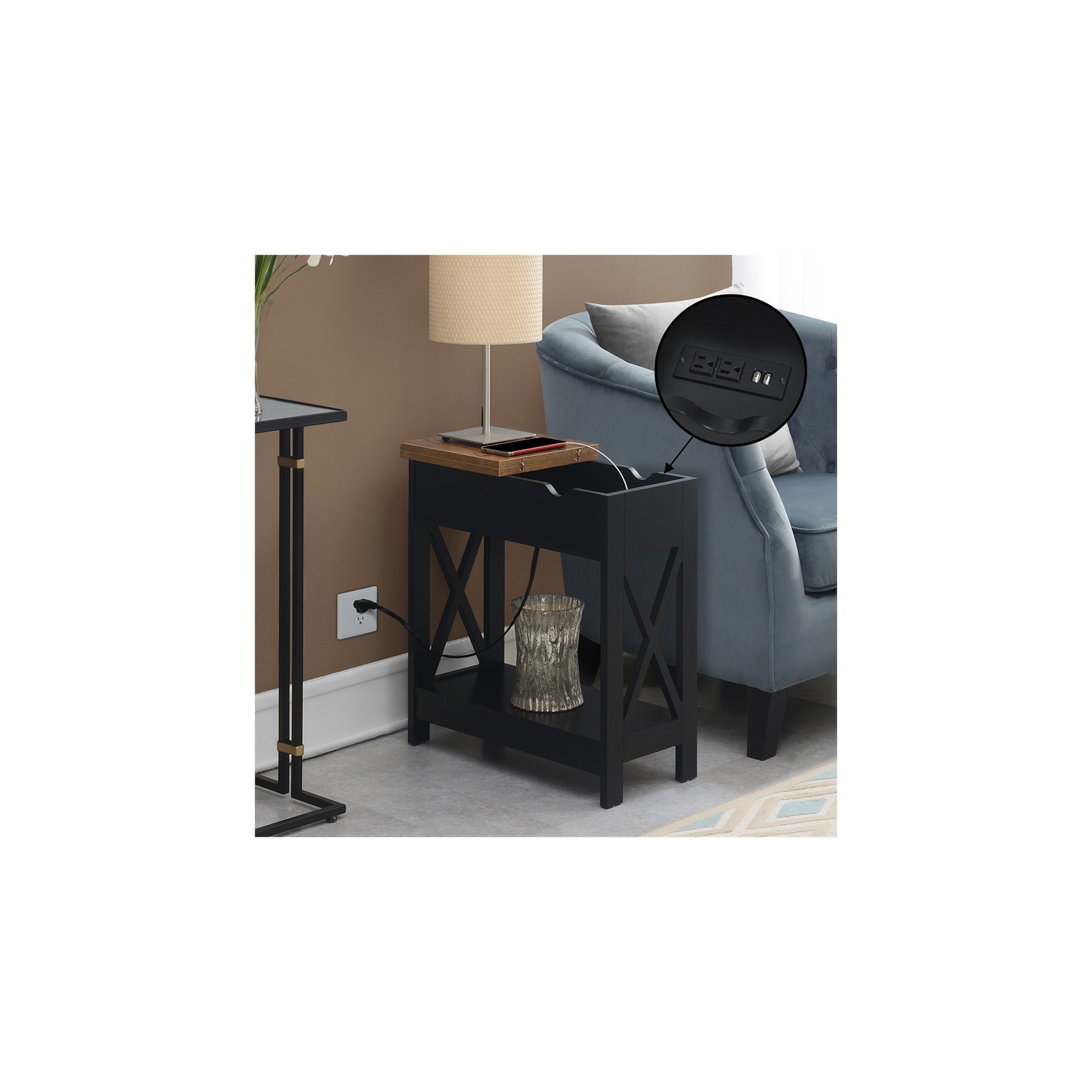 Oxford Flip-Top End Table with Charging Station and Shelf in Black Wood Finish