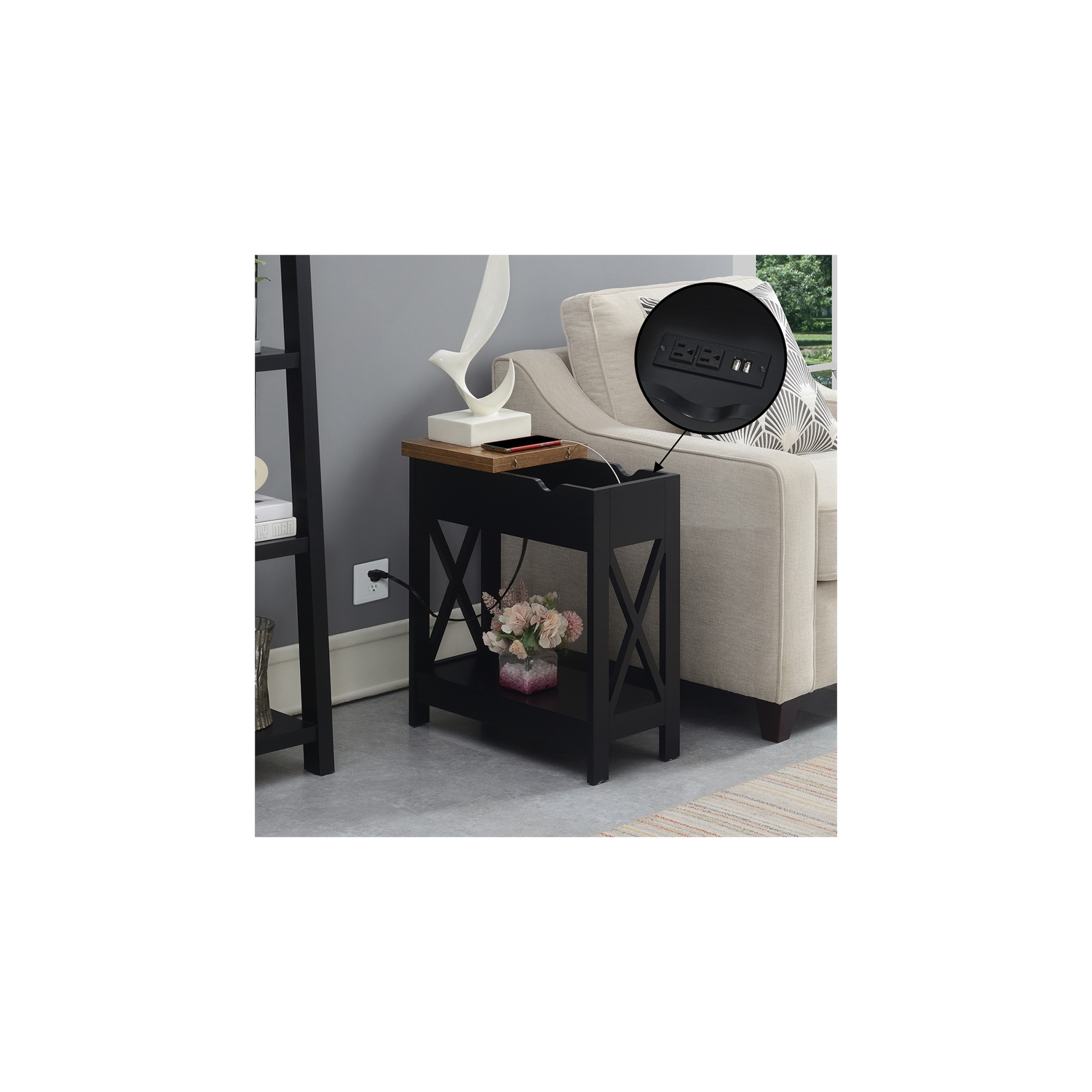 Oxford Flip-Top End Table with Charging Station and Shelf in Black Wood Finish