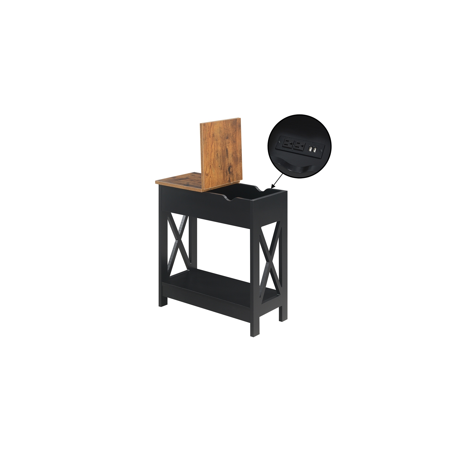 Oxford Flip-Top End Table with Charging Station and Shelf in Black Wood Finish