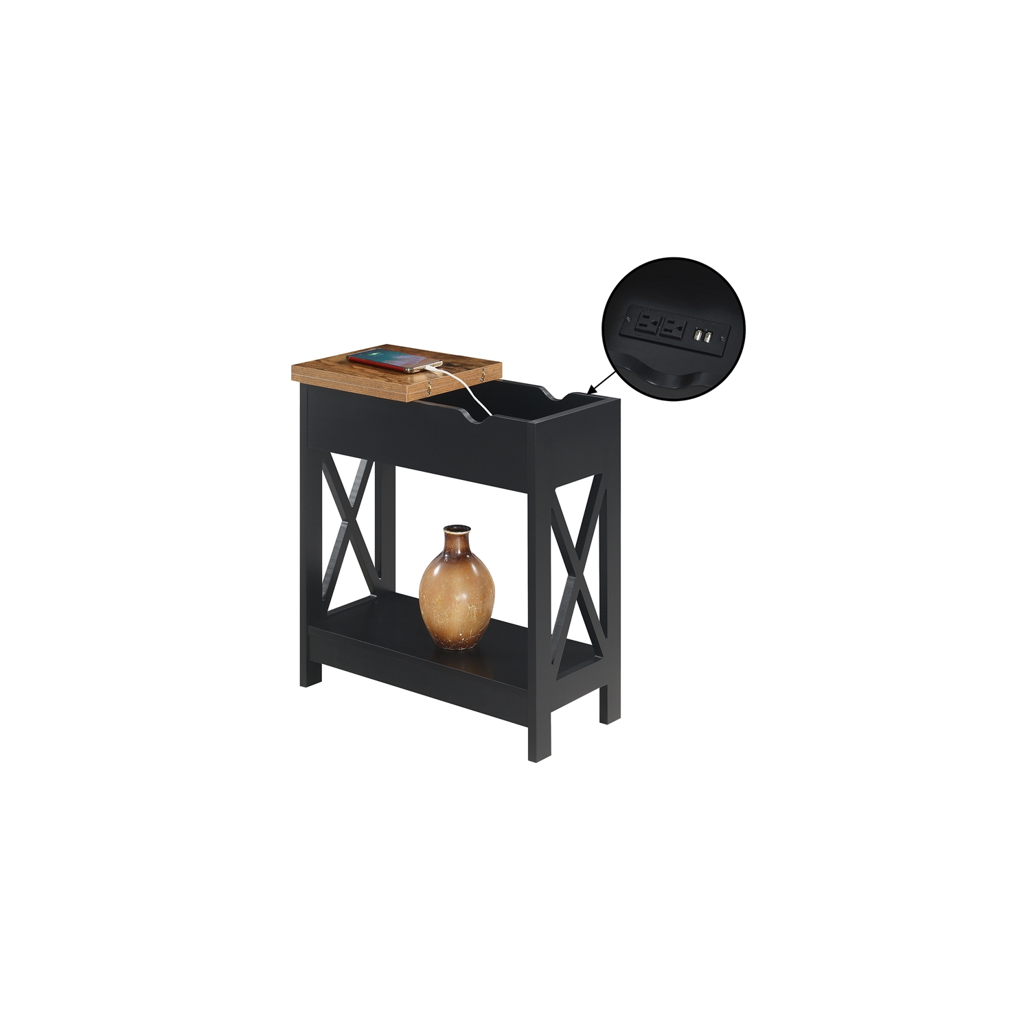 Oxford Flip-Top End Table with Charging Station and Shelf in Black Wood Finish